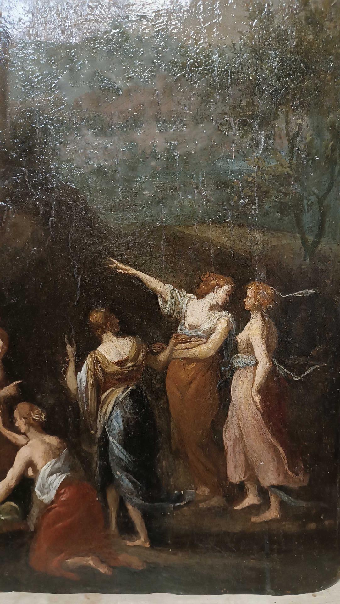 SPÄTES 18. JAHRHUNDERT ÖLGEMÄLDE AUF HOLZPANEL MERCURY UND CECROPS TÖCHTER im Zustand „Gut“ im Angebot in Firenze, FI