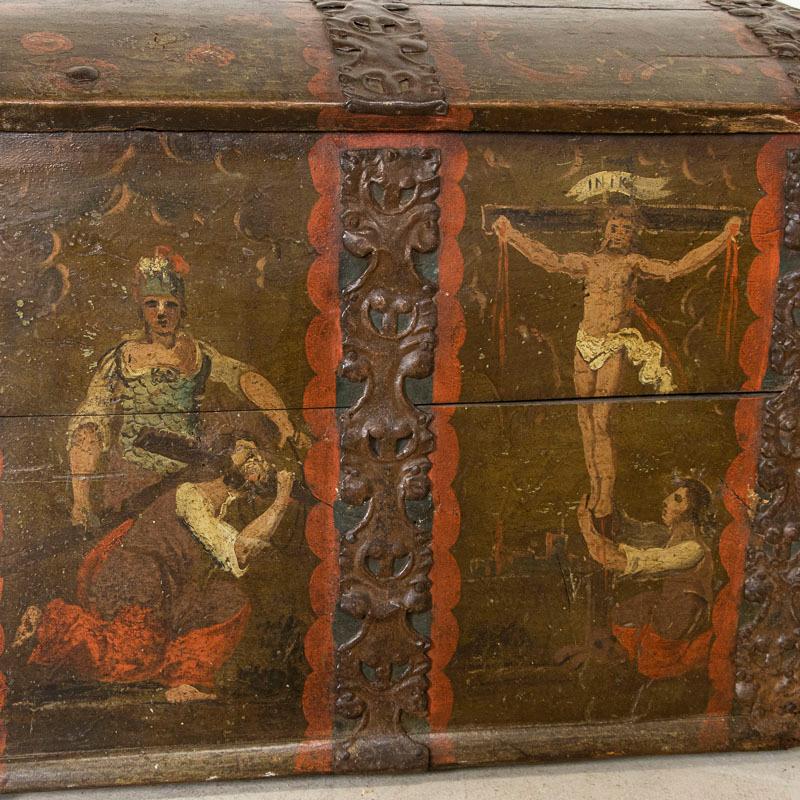 Late 18th Century Original Green Painted Domed Top Trunk Portraying the Passion 5