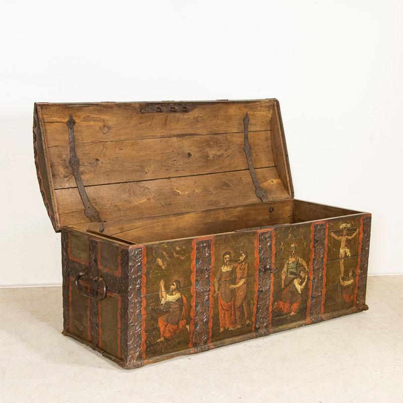 Danish Late 18th Century Original Green Painted Domed Top Trunk Portraying the Passion