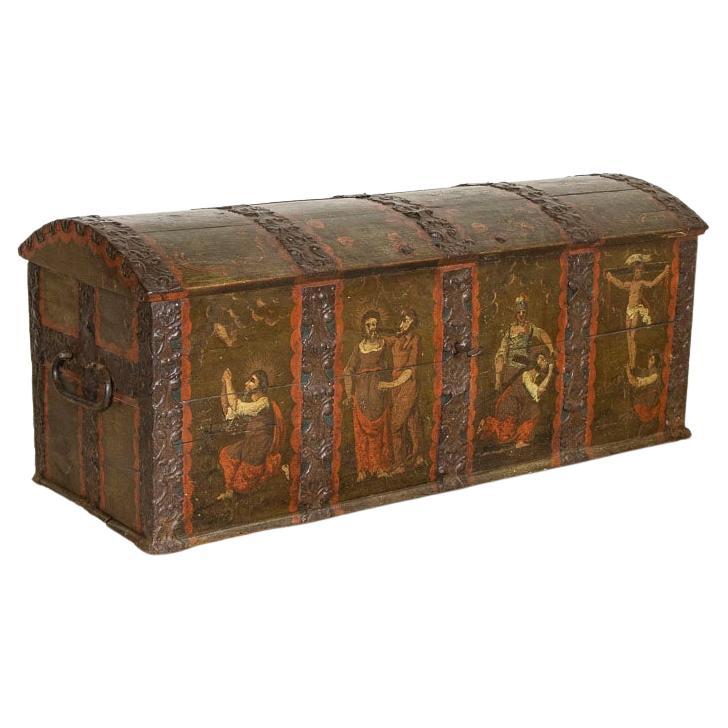 Late 18th Century Original Green Painted Domed Top Trunk Portraying the Passion