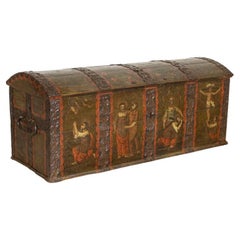 Late 18th Century Original Green Painted Domed Top Trunk Portraying the Passion