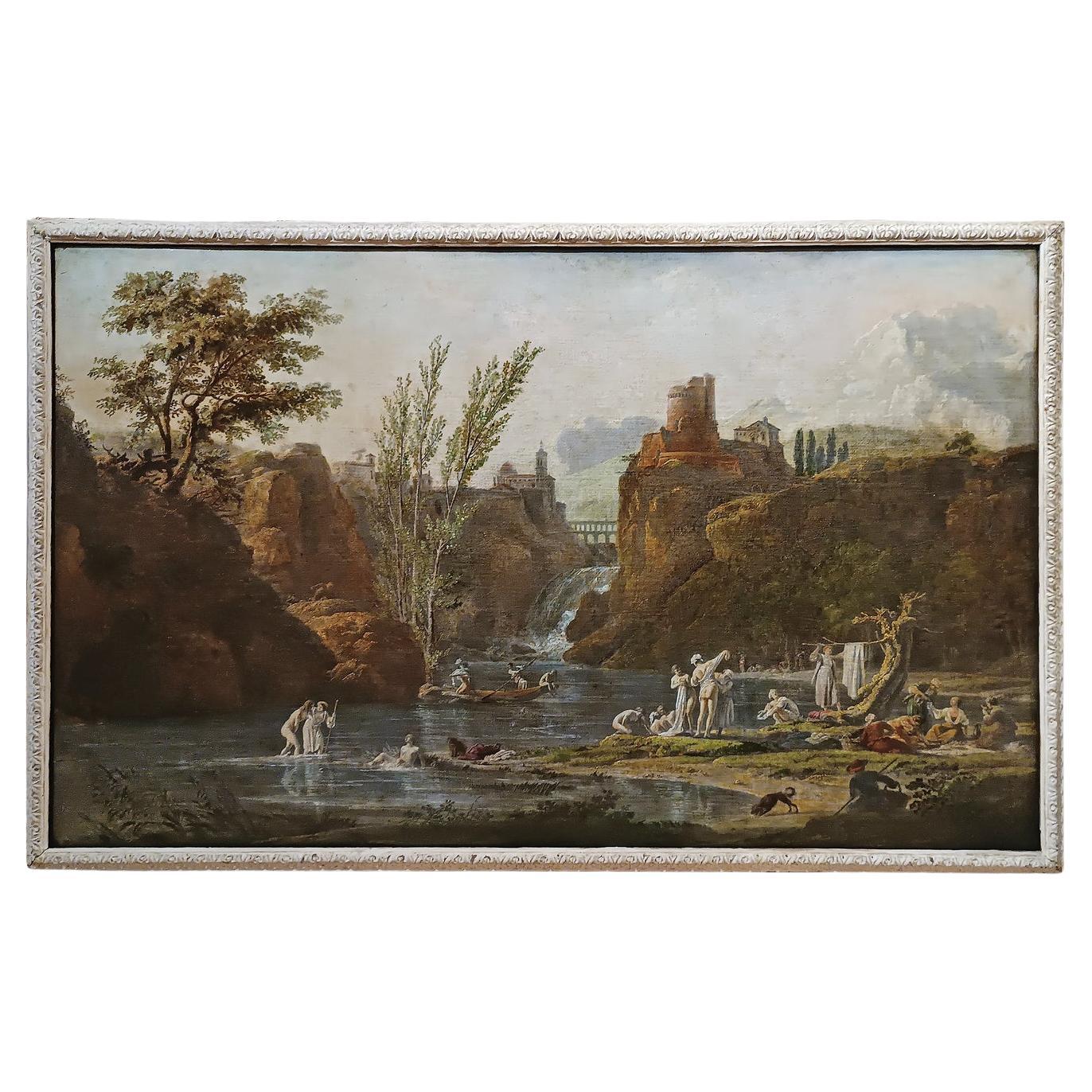 LATE 18th CENTURY PAINTING OF BATHERS BY THE RIVER