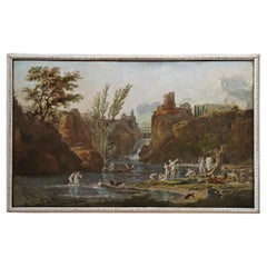 LATE 18th CENTURY PAINTING OF BATHERS BY THE RIVER