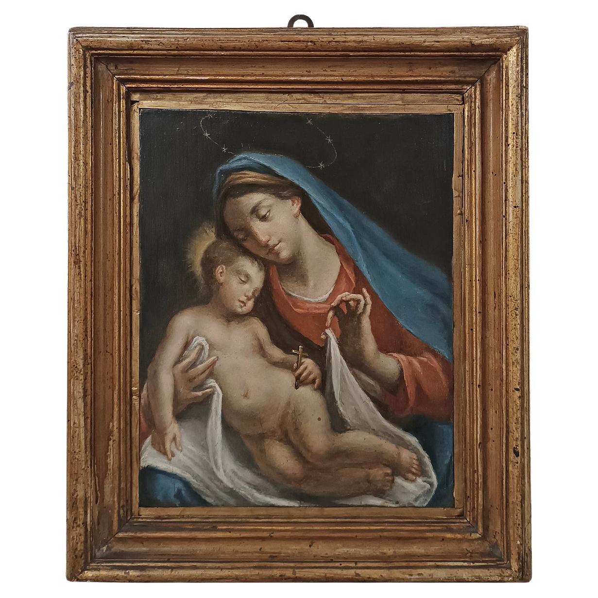 PEINTURE DE MADONNA ET DE SON ENFANT DE LA FIN DU XVIIIe SIÈCLE