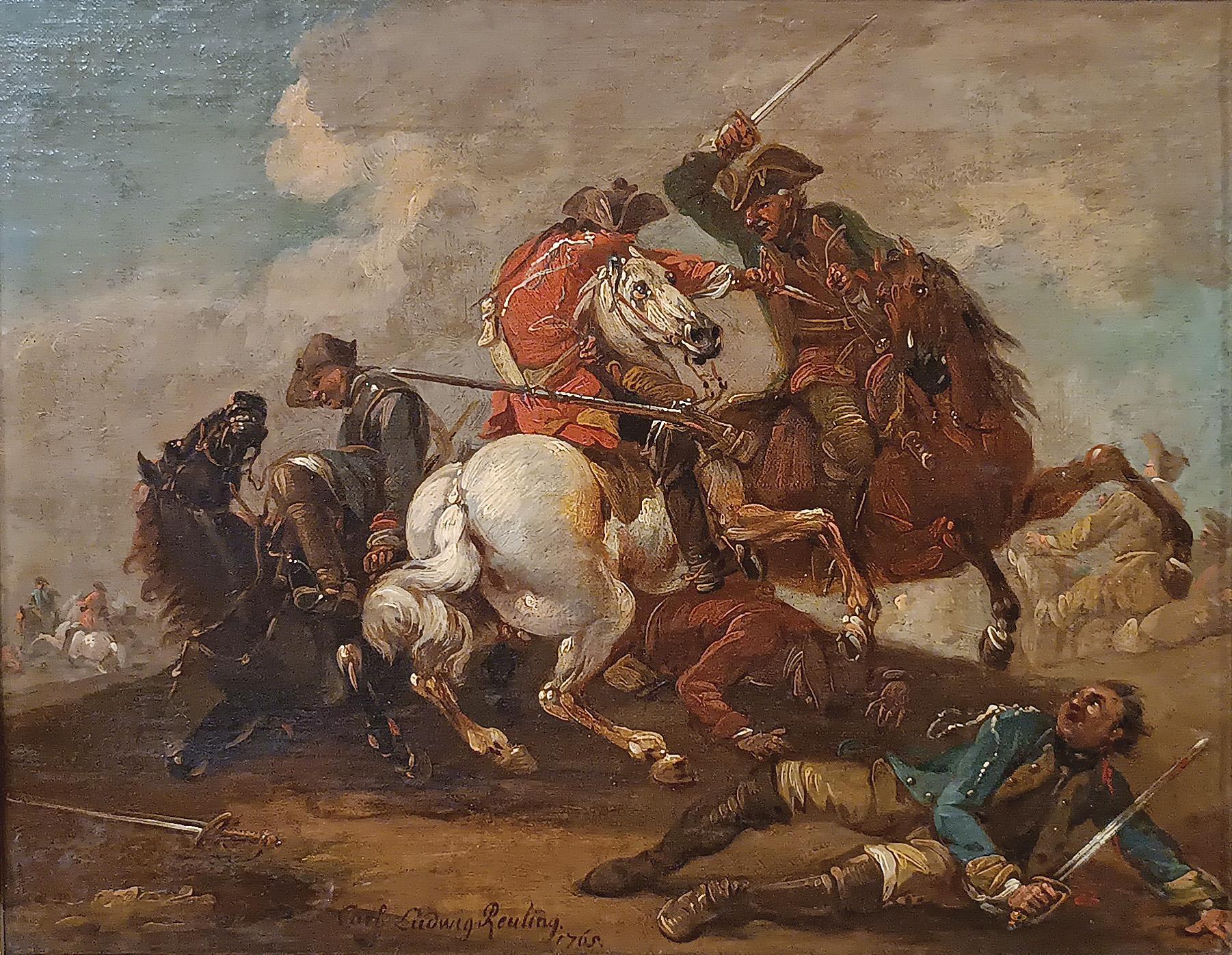 Oil painting on wooden canvas, accompanied by a carved and gilded wooden frame, decorated with geometric and floral motifs. In the center, the scene depicts a battle, with two main characters facing each other brandishing swords on two horses; at