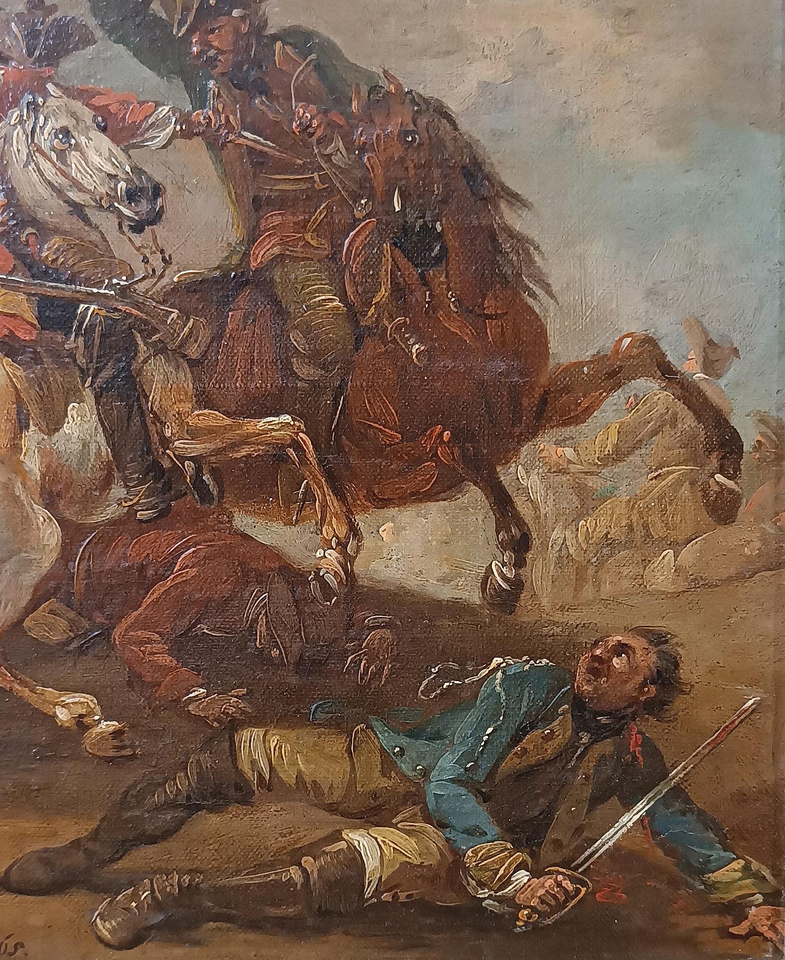 18th Century LATE 18th CENTURY PAINTING WITH A BATTLE SCENE en vente