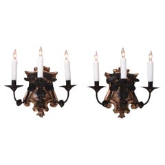 Late 18th Century Pair Italian Baroque Silvered Giltwood and Tole Sconces