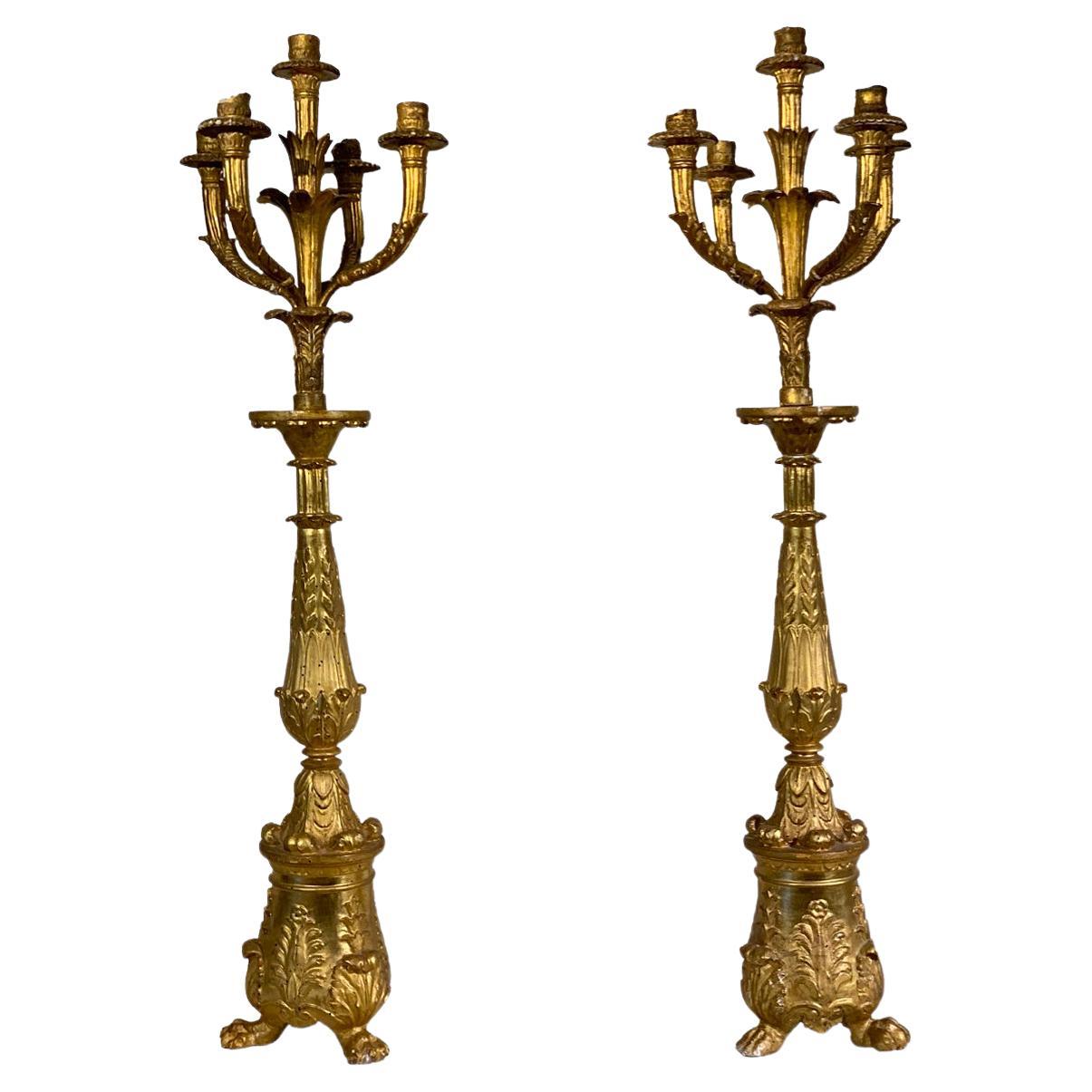 Late 18th Century Pair of Carved and Giltwood Torches For Sale