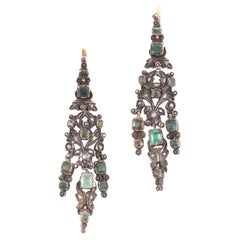 Antique Late 18th Century Pair Of Emerald And Diamond Pendent Earrings Probably Iberian