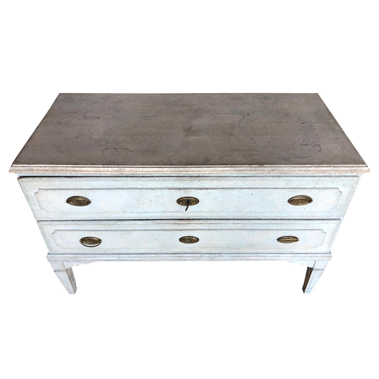 Hand-Crafted 18th Century Light-Blue Swedish Gustavian Pair of Chests, Oakwood Cabinets