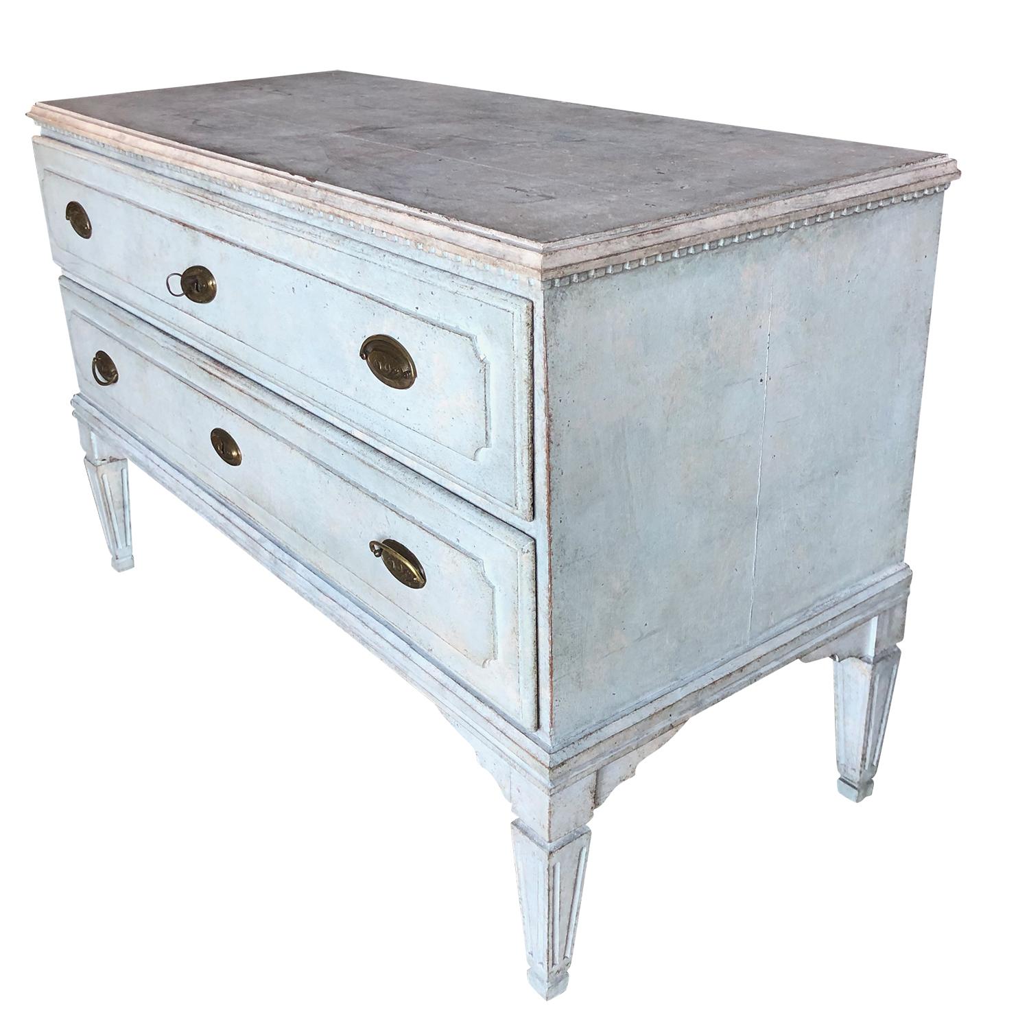 18th Century Light-Blue Swedish Gustavian Pair of Chests, Oakwood Cabinets In Good Condition In West Palm Beach, FL