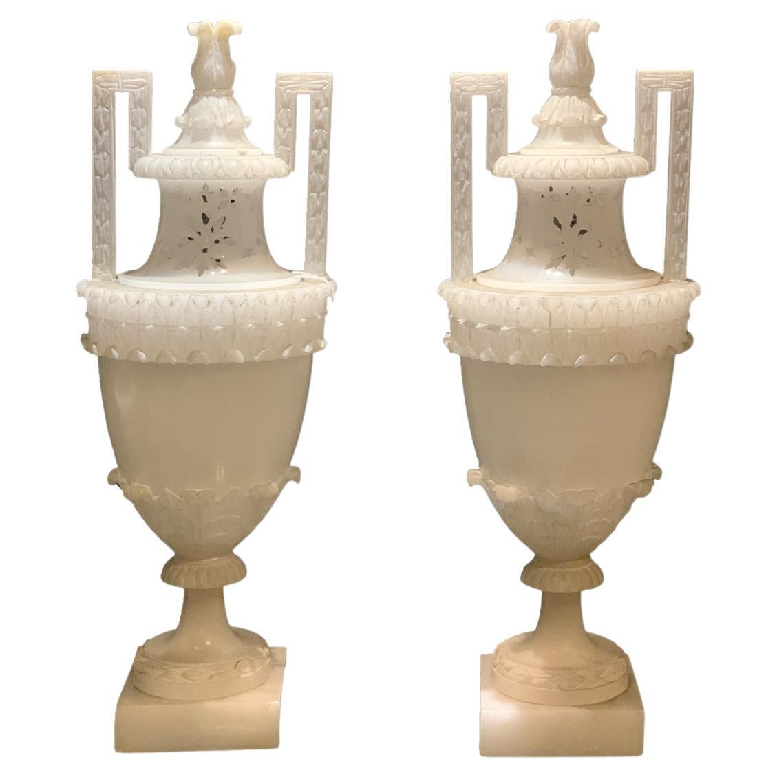 Late 18th Century Pair of Neoclassical Alabaster Scent Burning Vases For Sale