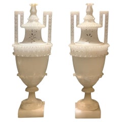 Antique Late 18th Century Pair of Neoclassical Alabaster Scent Burning Vases