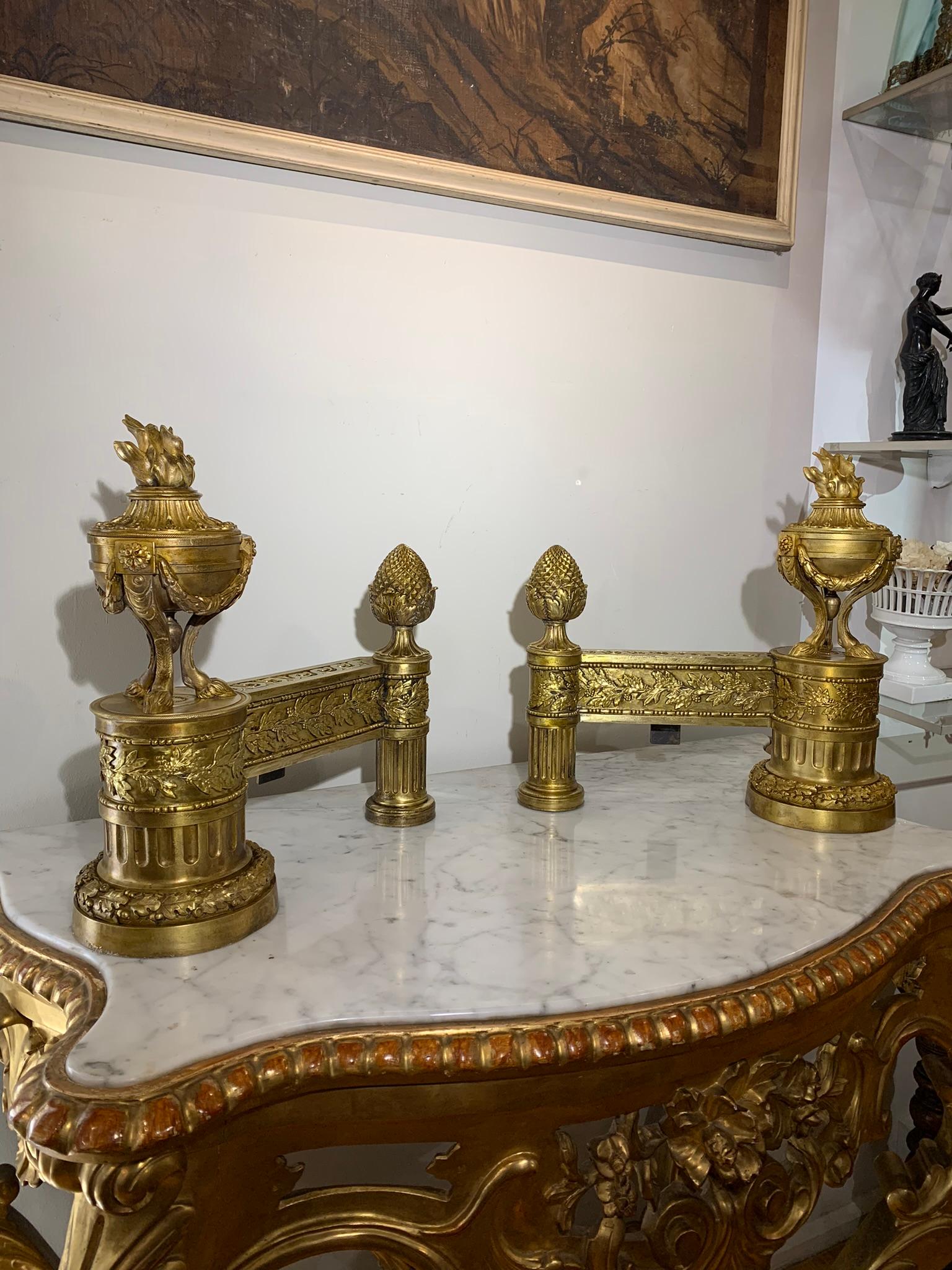 Neoclassical Revival LATE 18th CENTURY PAIR OF NEOCLASSICAL GILDED BRONZE ANDIRONS For Sale