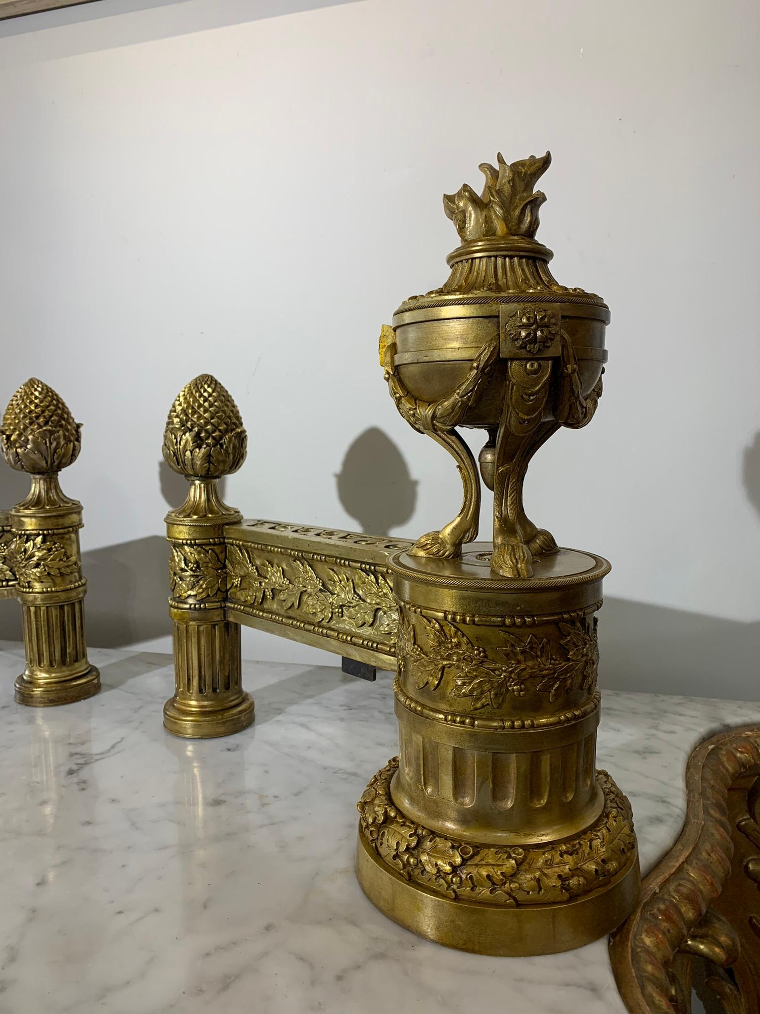 Italian LATE 18th CENTURY PAIR OF NEOCLASSICAL GILDED BRONZE ANDIRONS For Sale