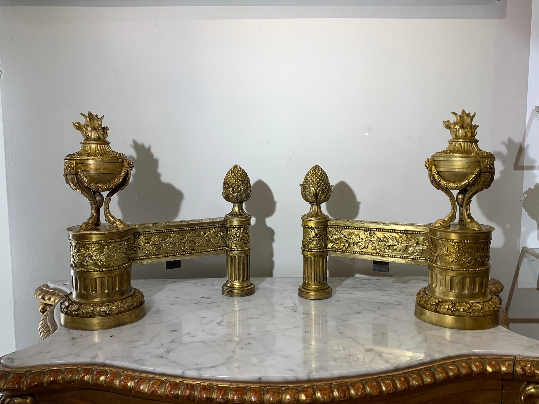 Bronze LATE 18th CENTURY PAIR OF NEOCLASSICAL GILDED BRONZE ANDIRONS For Sale