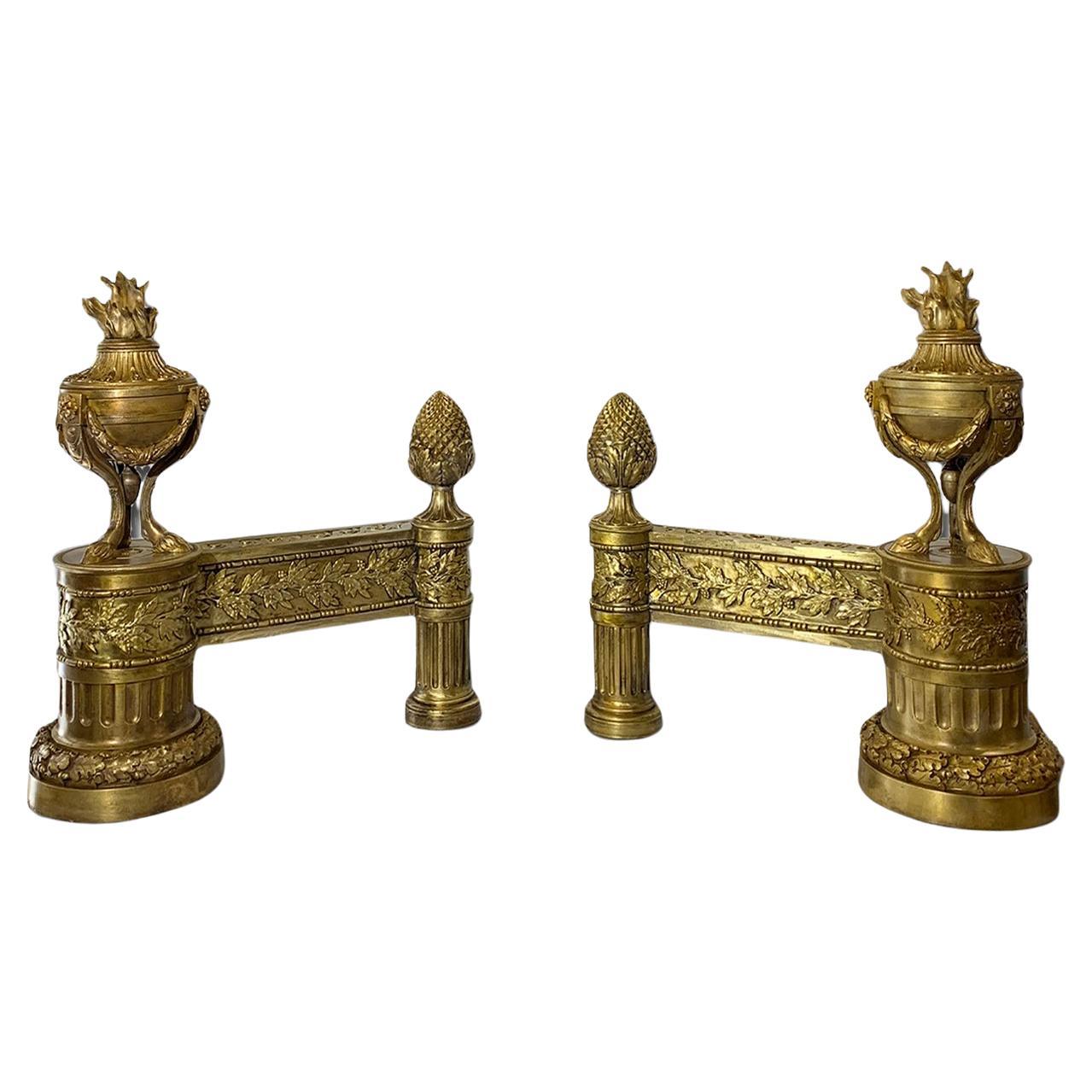 LATE 18th CENTURY PAIR OF NEOCLASSICAL GILDED BRONZE ANDIRONS For Sale