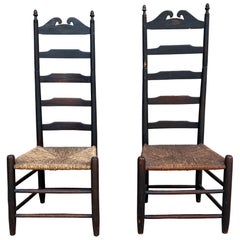 Late 18th Century Pair of New England Shaker Ladder Back Chairs with Rush Seats