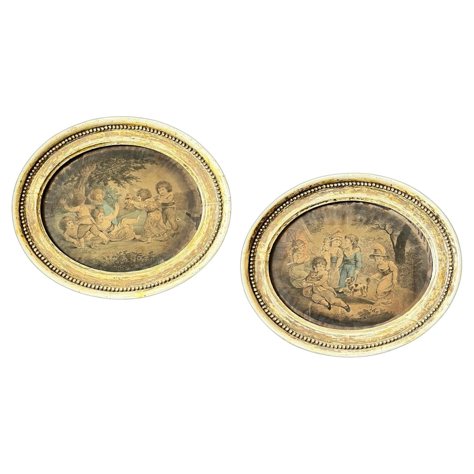Late 18th Century Pair of Oval Colour Stipple Engravings of Children Playing For Sale
