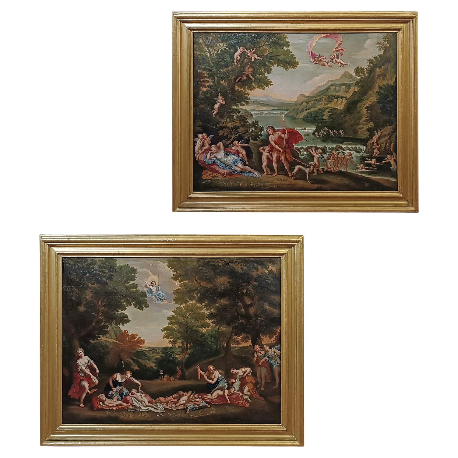 LATE 18th CENTURY PAIR OF PAINTINGS OF VENUS AND ADONIS in vendita