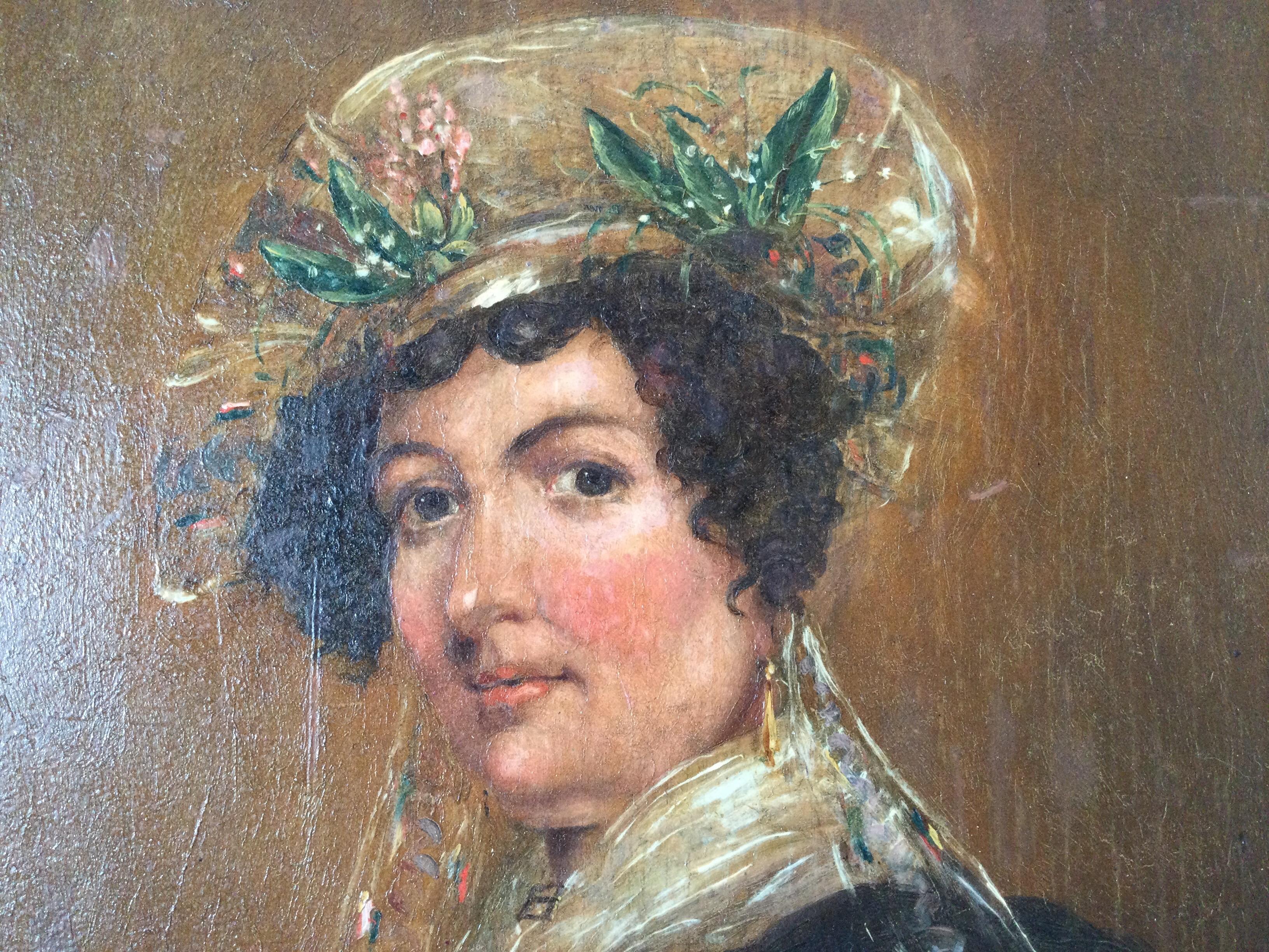 Hand-Painted Late 18th Century Portrait of a Lady with Bonnet
