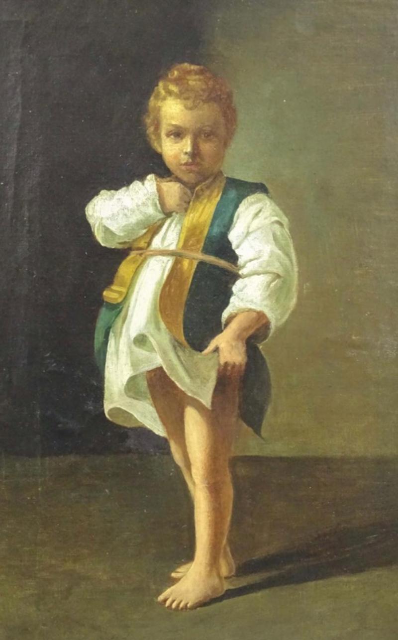 Late 18th / early 19th century portrait of boy in nightclothes 
Oil painting on canvas in gold gilt frame
France, 1890 - 1910
Measures: sight - 14.5