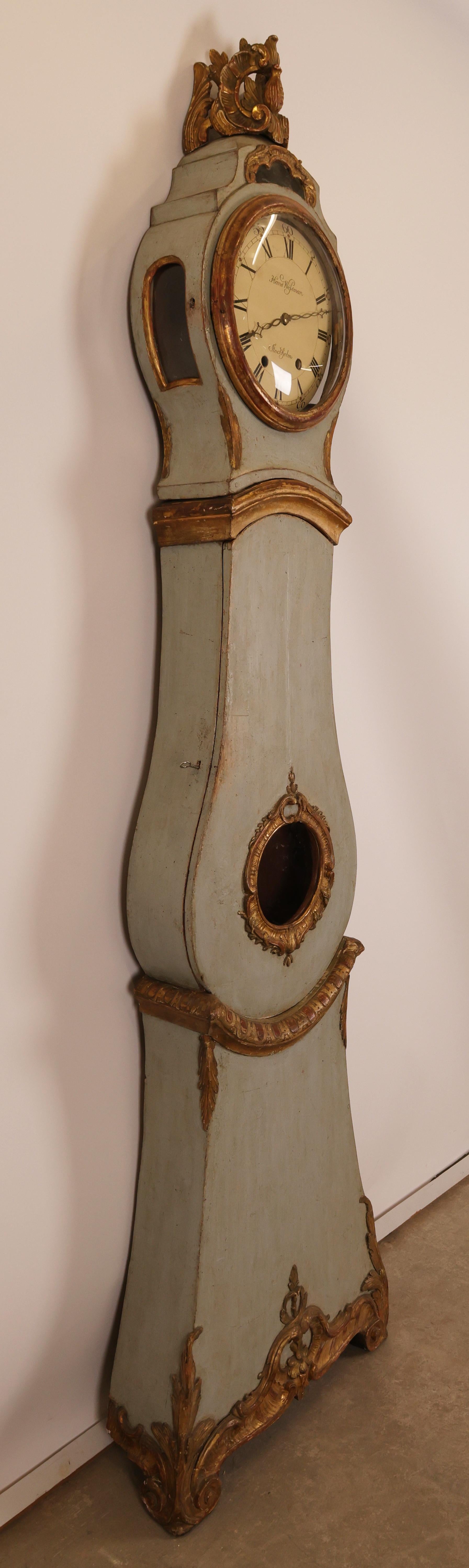 Late 18th Century Rococo Grandfather Clock signed Hans Wessman In Good Condition For Sale In Ljungby, SE
