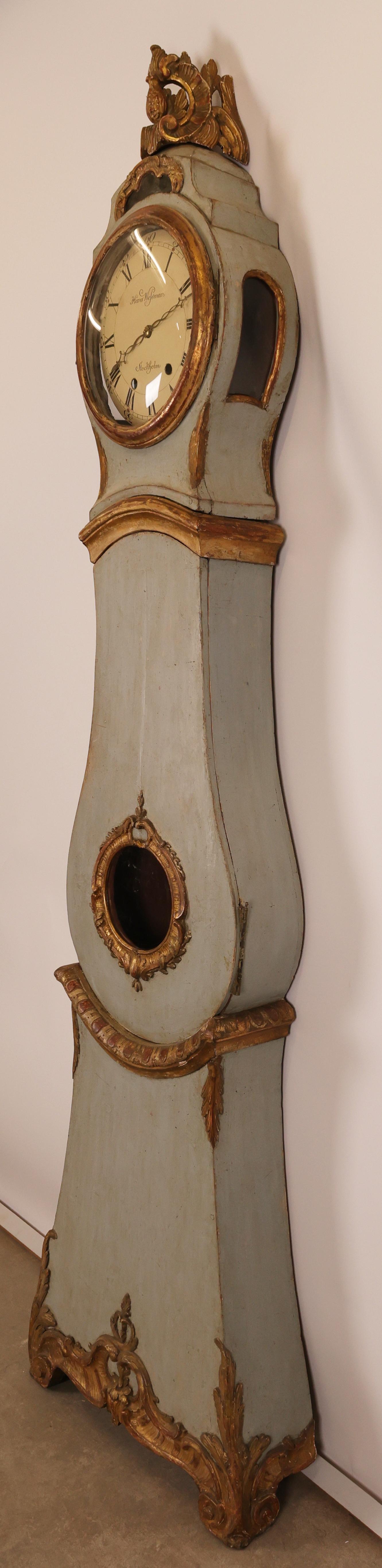 Pine Late 18th Century Rococo Grandfather Clock signed Hans Wessman For Sale