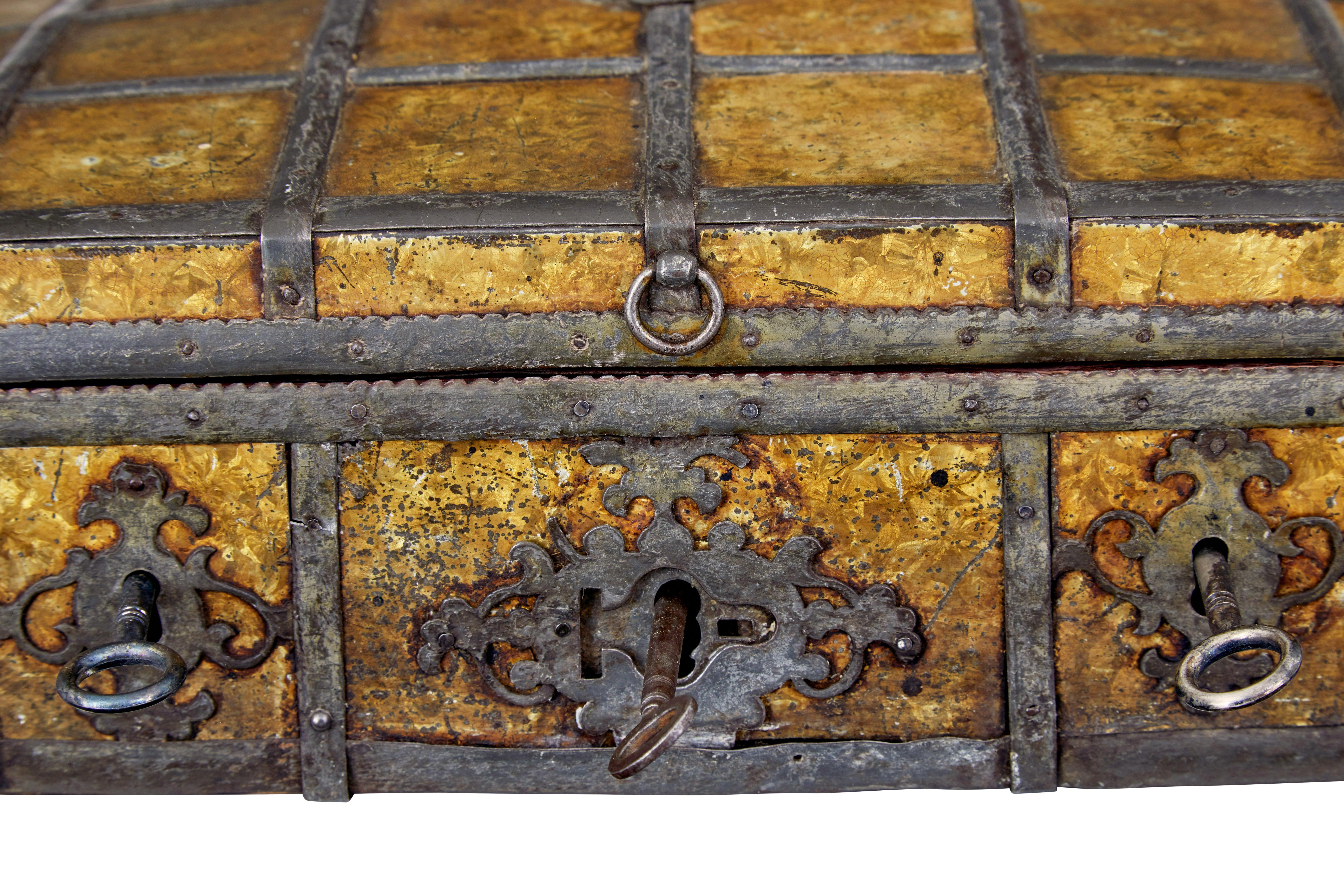 Late 18th century Scandinavian metal bound box In Fair Condition For Sale In Debenham, Suffolk