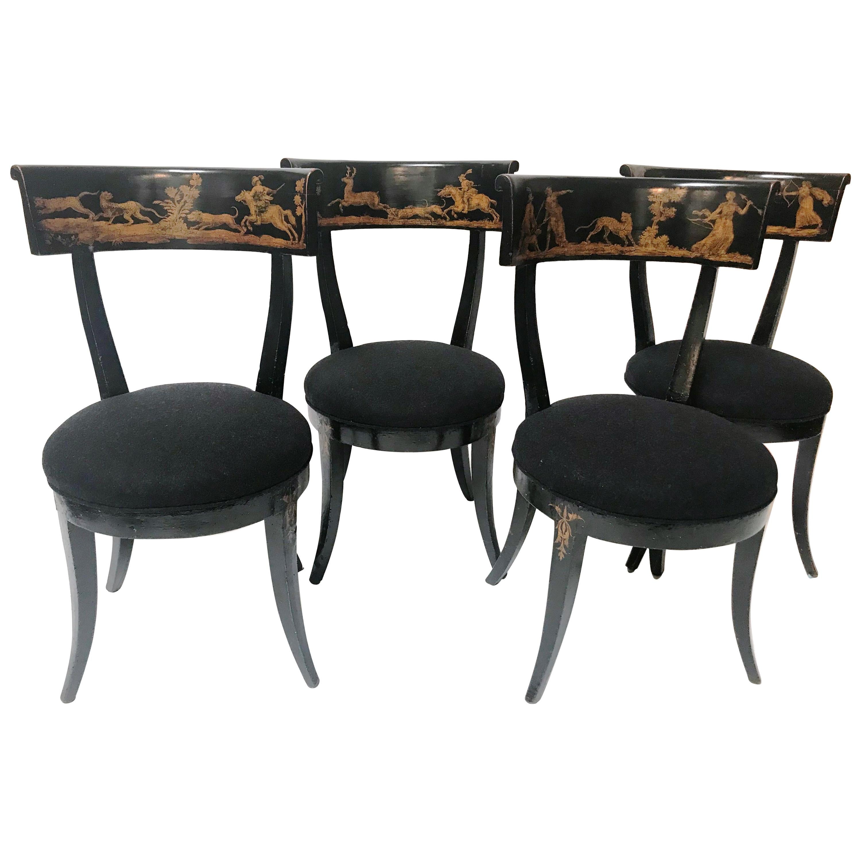 Late 18th Century Set of 4 Florentine Directoire Black Lacquer Saber Leg Chairs For Sale