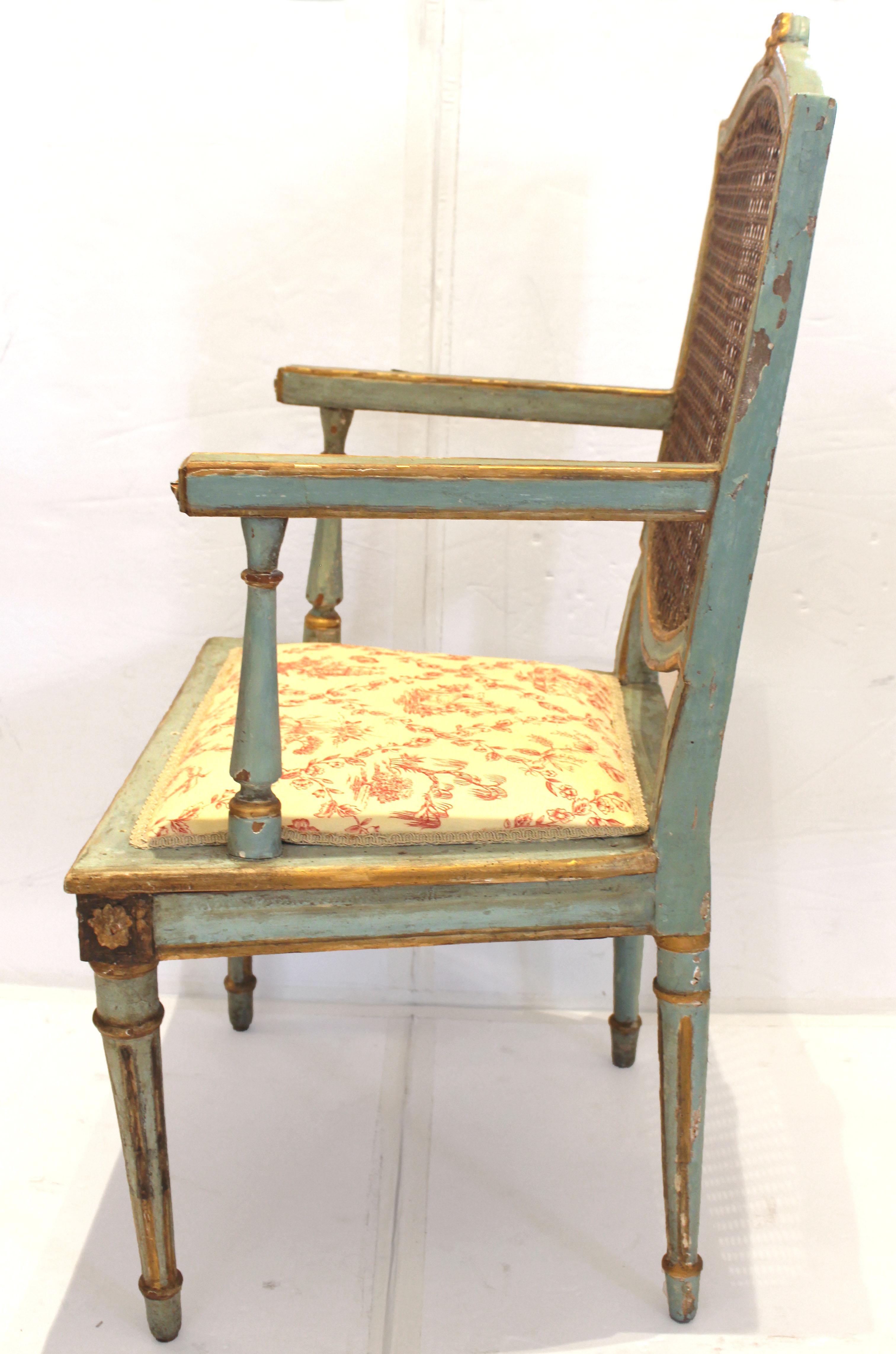 Cane Late 18th Century Set of 6 Painted & Parcel Gilt Arm Chairs, Italian For Sale