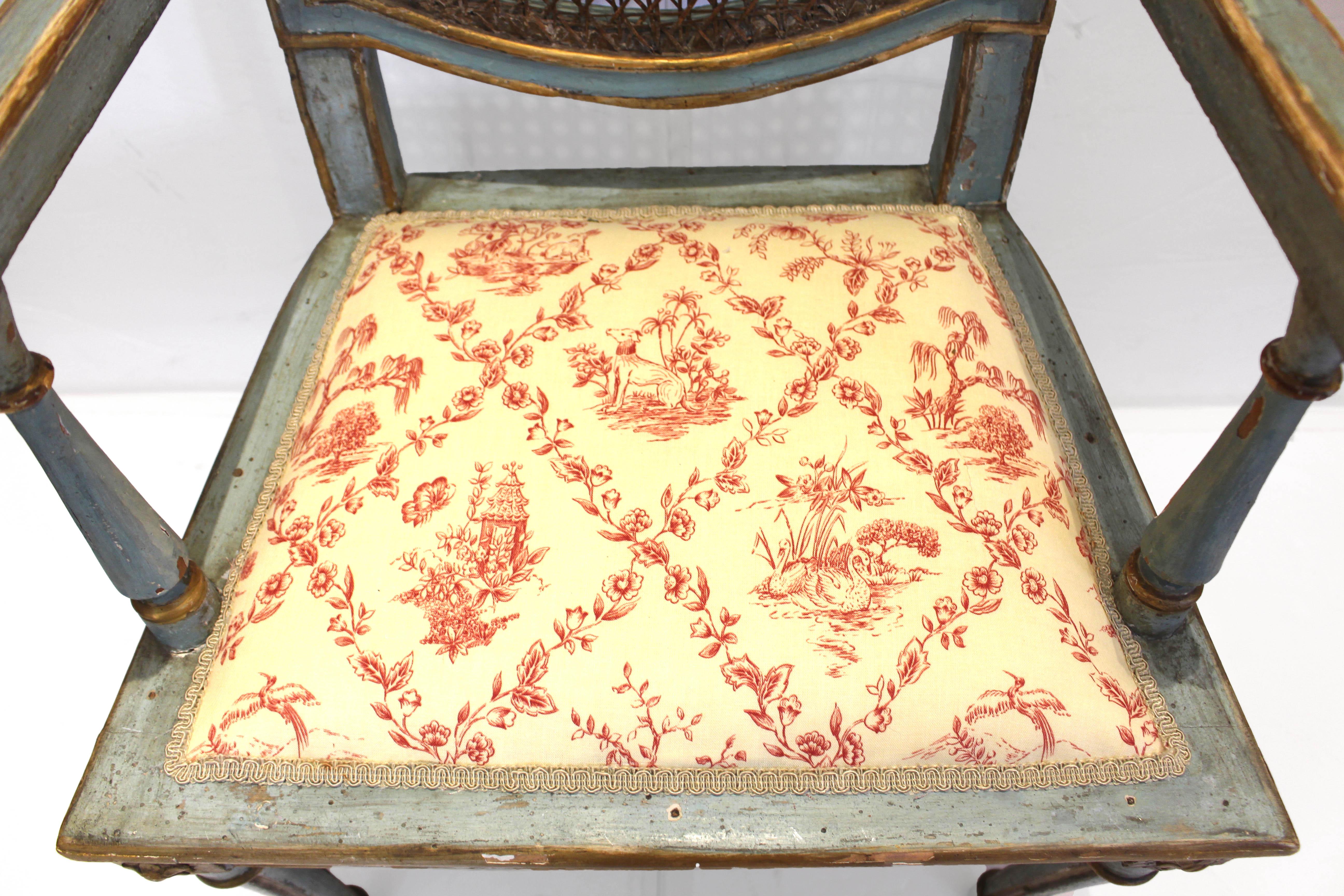Late 18th Century Set of 6 Painted & Parcel Gilt Arm Chairs, Italian For Sale 4