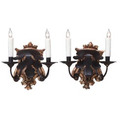 Late 18th Century Set of Four Italian Baroque Silvered Giltwood Two-Arm Sconces