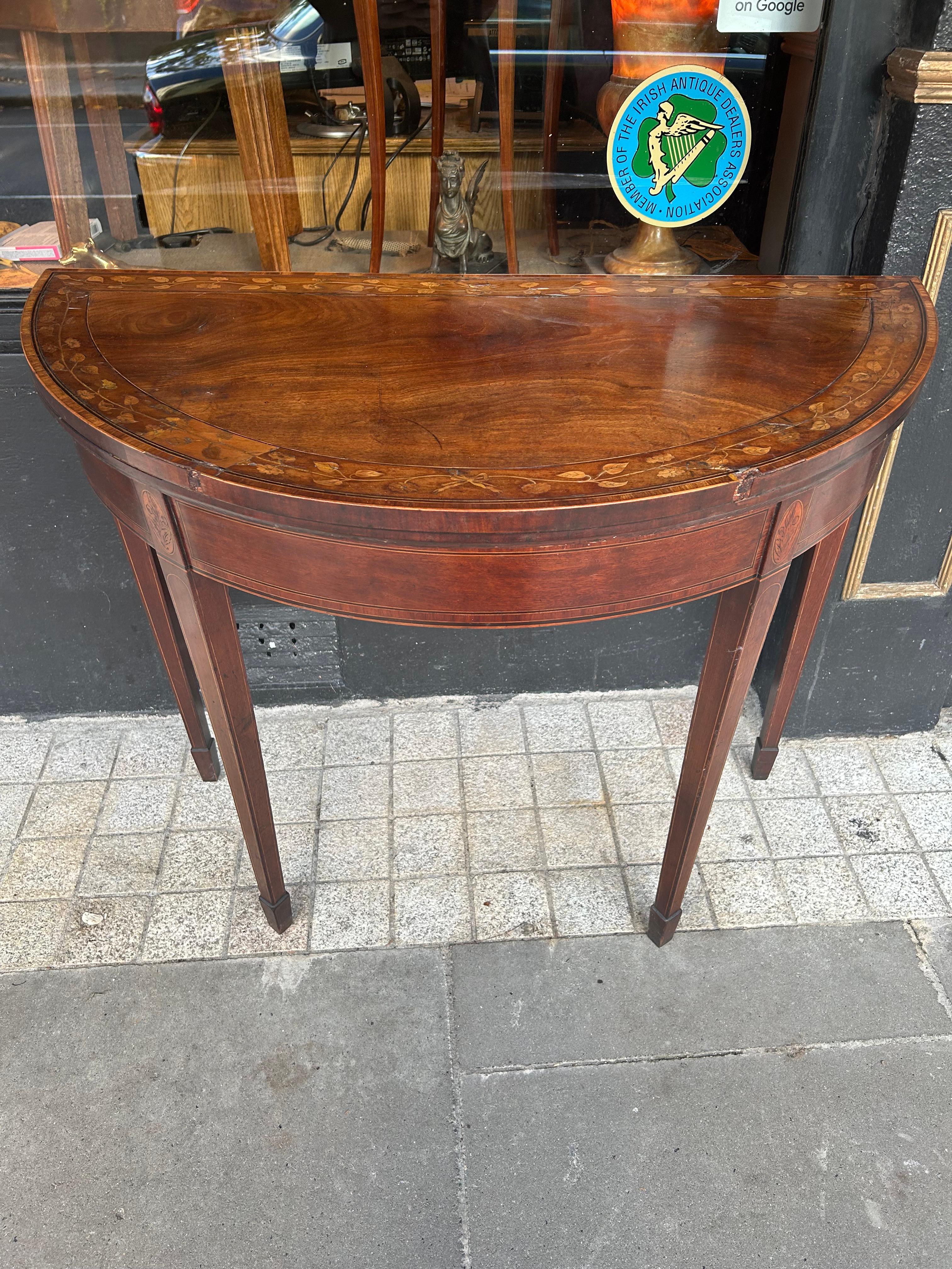 Mahogany Late 18th Century Sheraton Crossbanded Demi-Lune Card Table For Sale