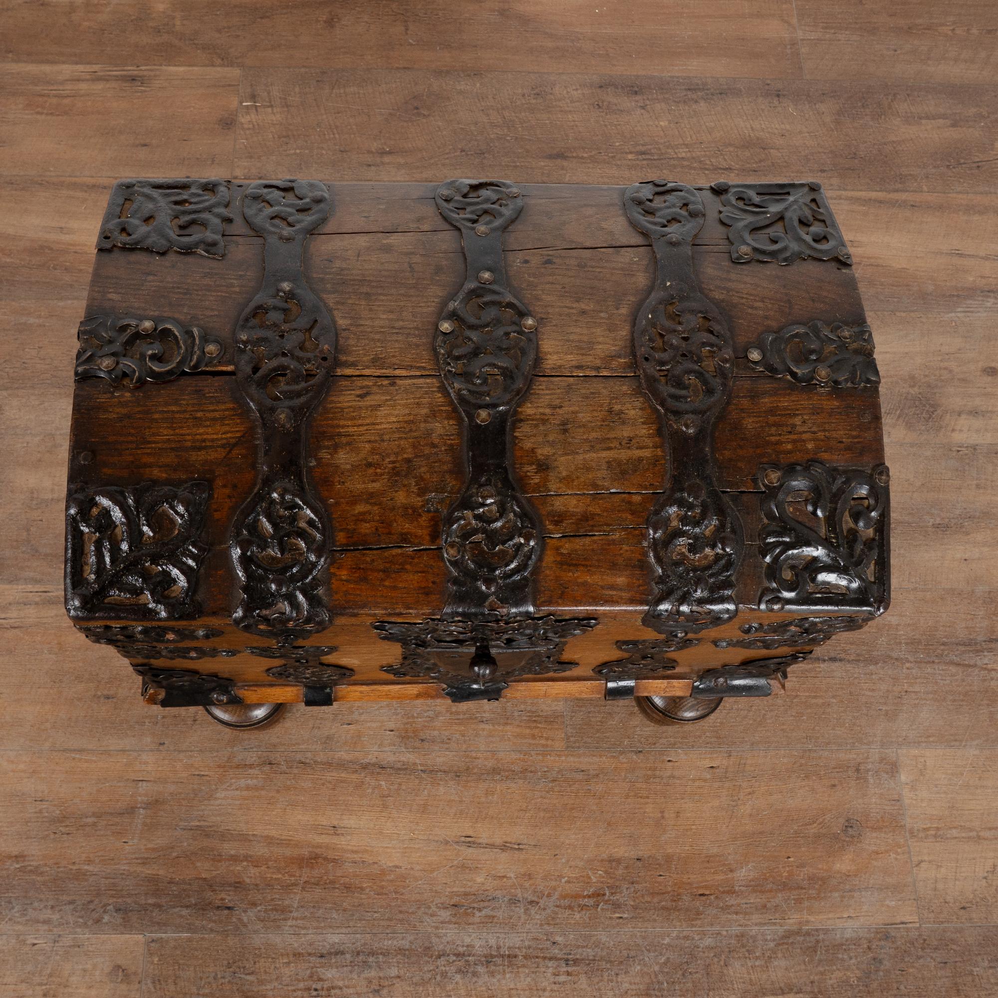Wrought Iron Late 18th Century Small Dome Top Oak Trunk on Stand, Sweden For Sale