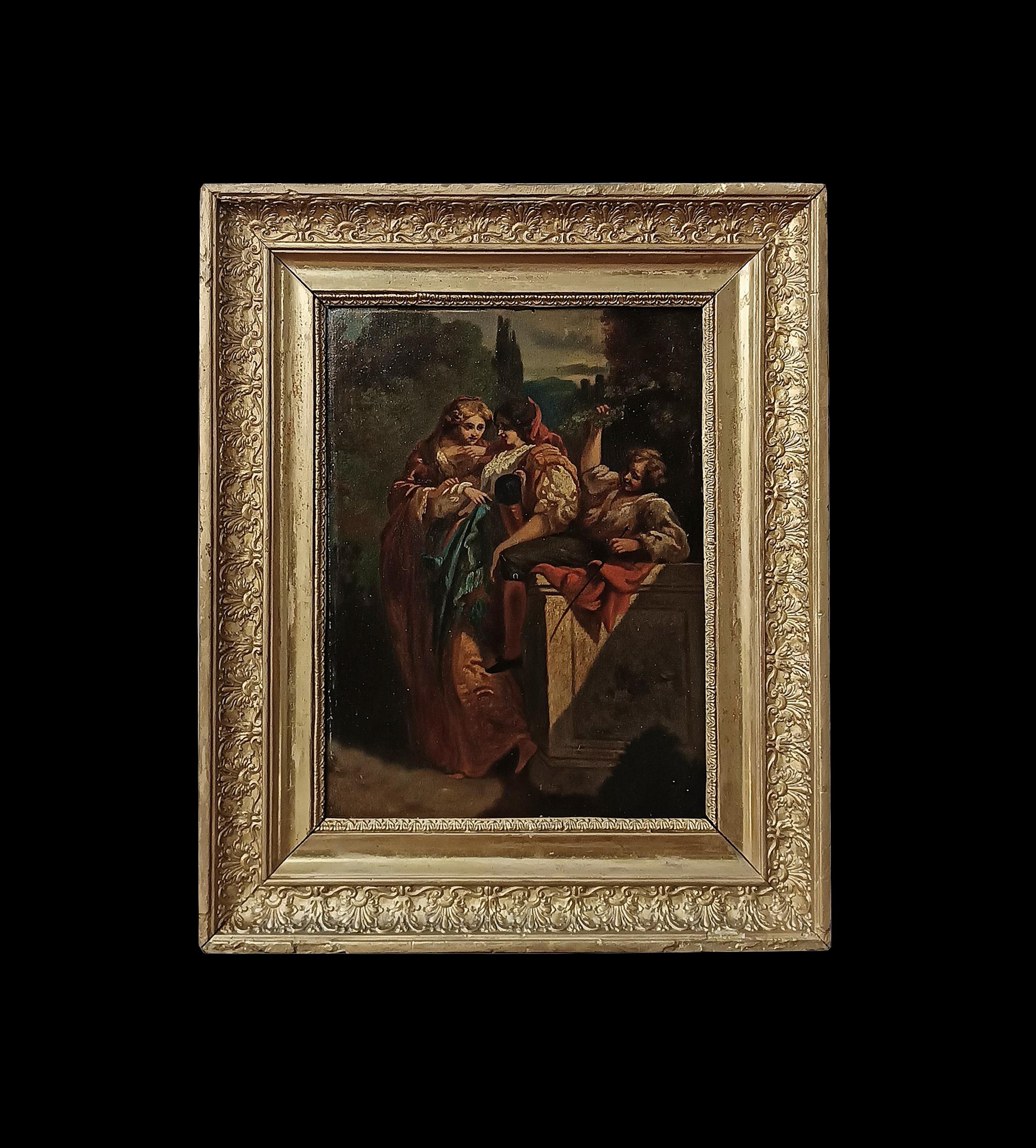 A delightful small painting, framed in a contemporary frame in carved and gilded wood, depicting a lively genre scene. In the background, an Italian garden opens up to reveal two young women dressed in elegant 18th-century clothes, engaged in