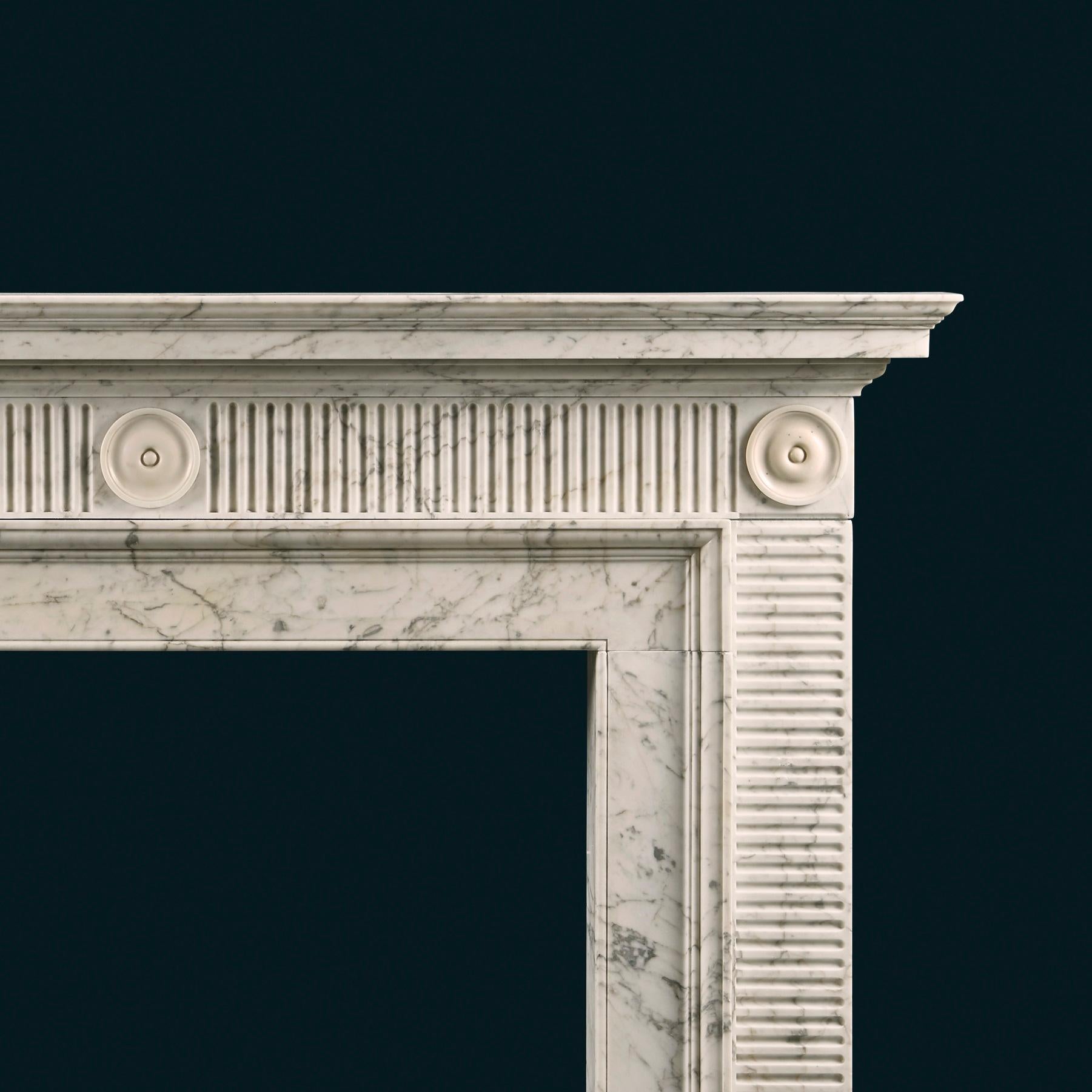 Carved Late 18th Century Soane Style Fireplace in Carrara Marble
