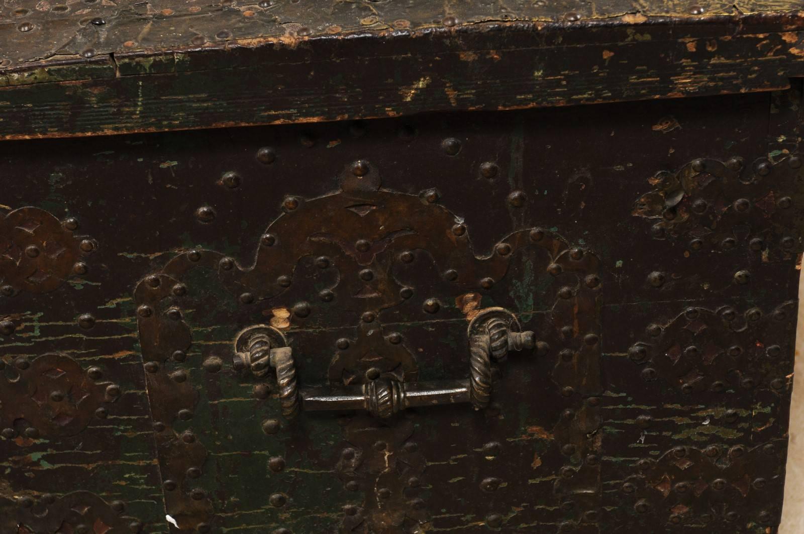 Late 18th Century Spanish Baroque Wood Coffer with Brass Nail-head Adornment For Sale 4