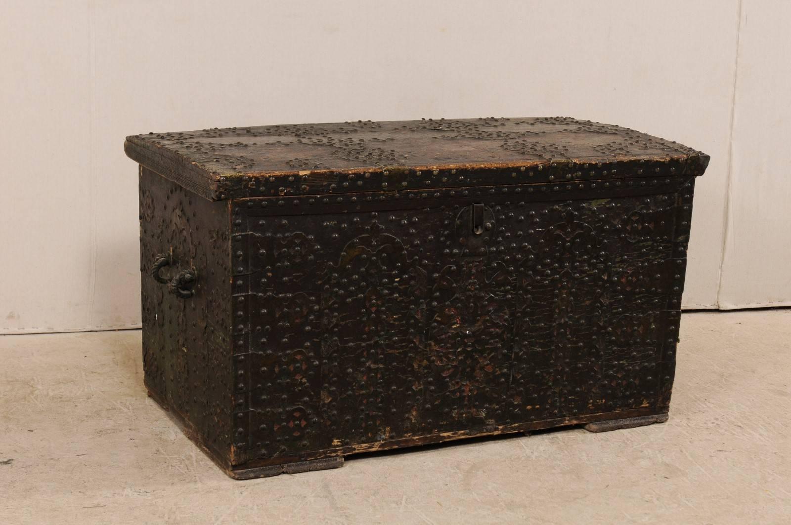 Late 18th Century Spanish Baroque Wood Coffer with Brass Nail-head Adornment For Sale 1