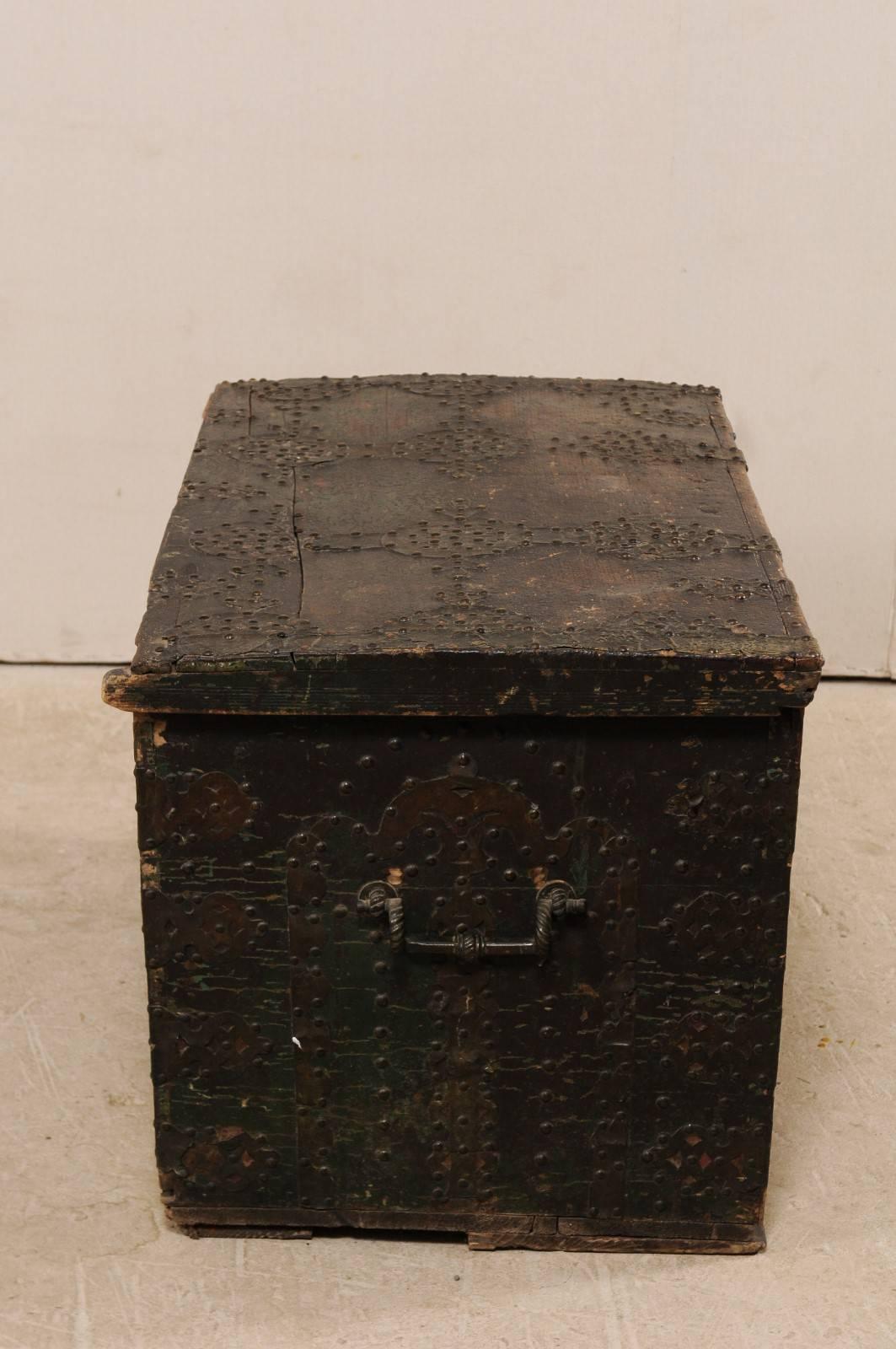 Late 18th Century Spanish Baroque Wood Coffer with Brass Nail-head Adornment In Good Condition For Sale In Atlanta, GA