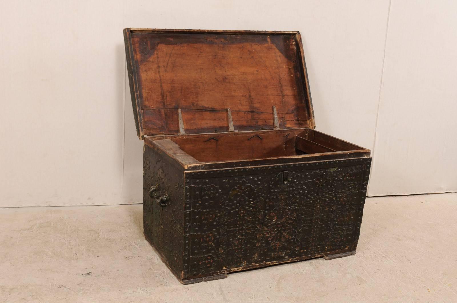 Metal Late 18th Century Spanish Baroque Wood Coffer with Brass Nail-head Adornment For Sale