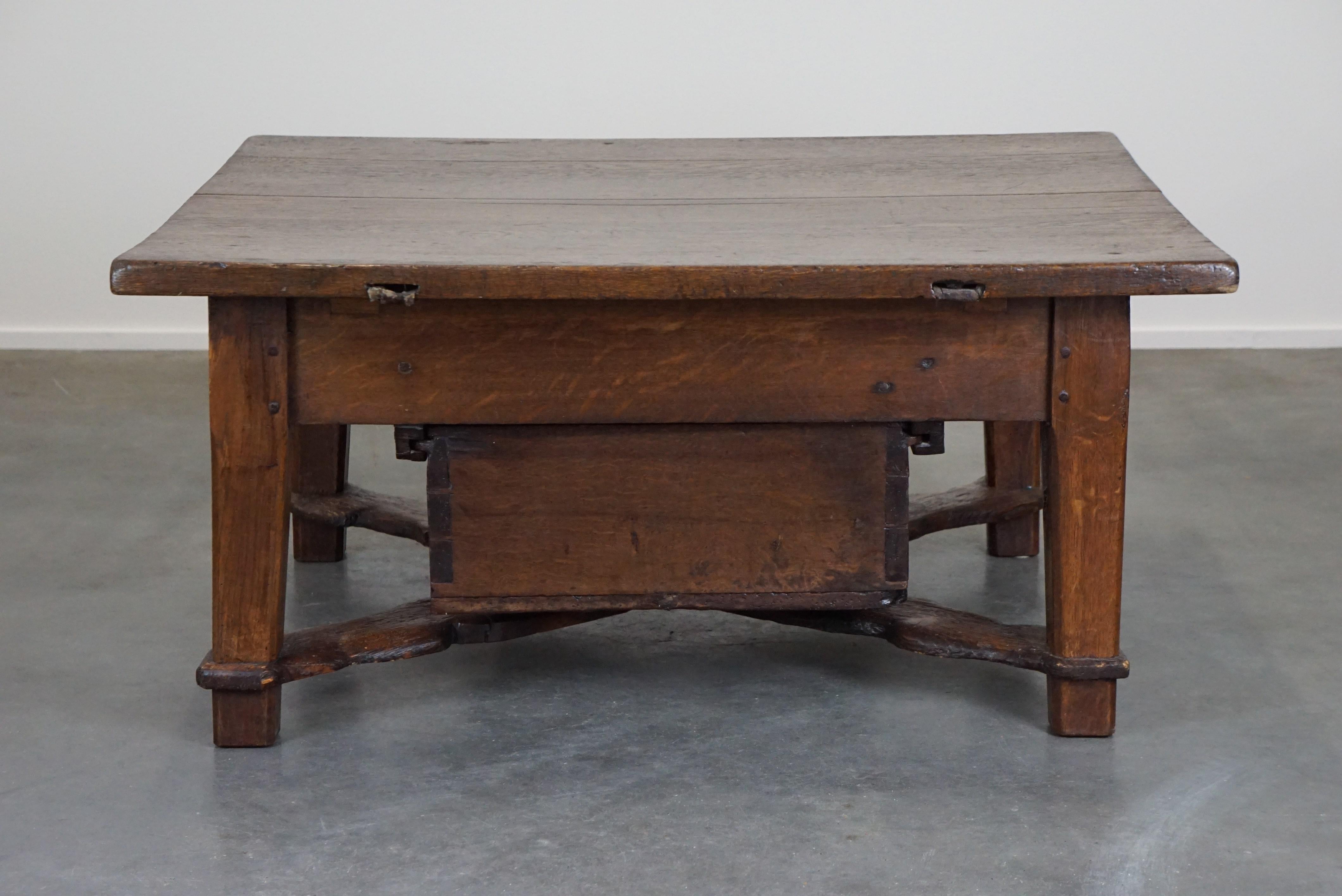 Wood Late 18th-century Spanish coffee table with deep drawer and a beautiful patina For Sale