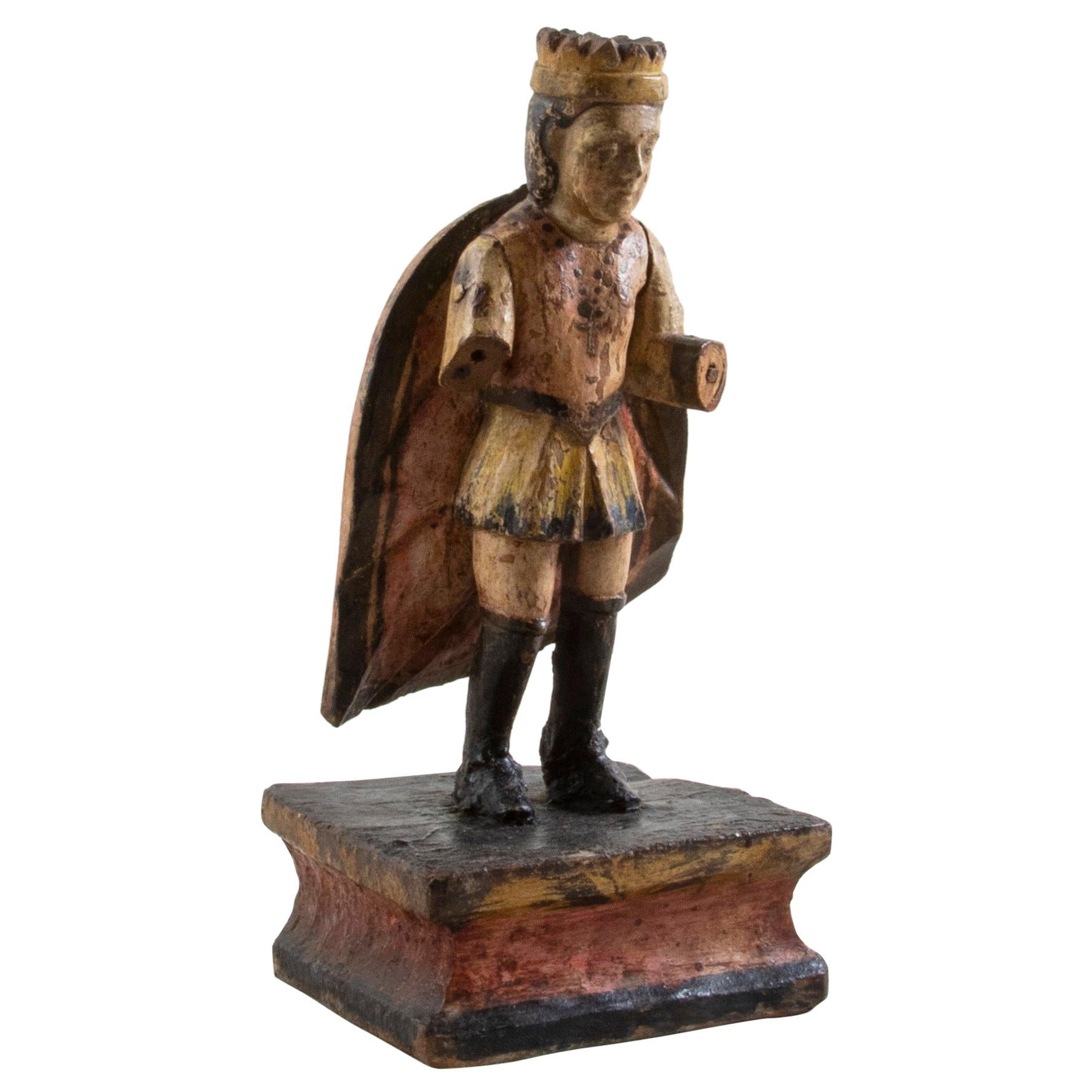 Late 18th Century Spanish Hand Carved Polychrome King Sculpture