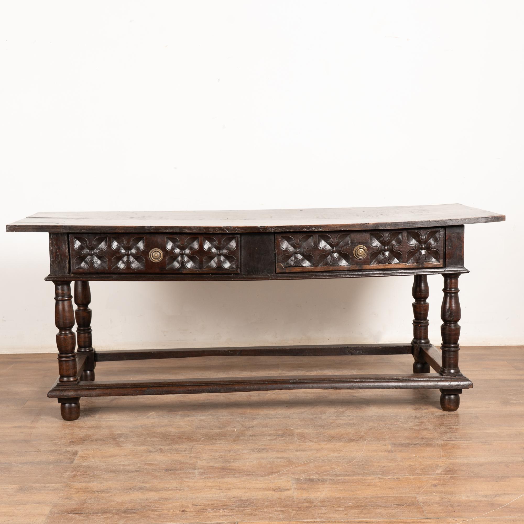 Hand-Crafted Late 18th Century Spanish Oak Console Table with Two Drawers For Sale