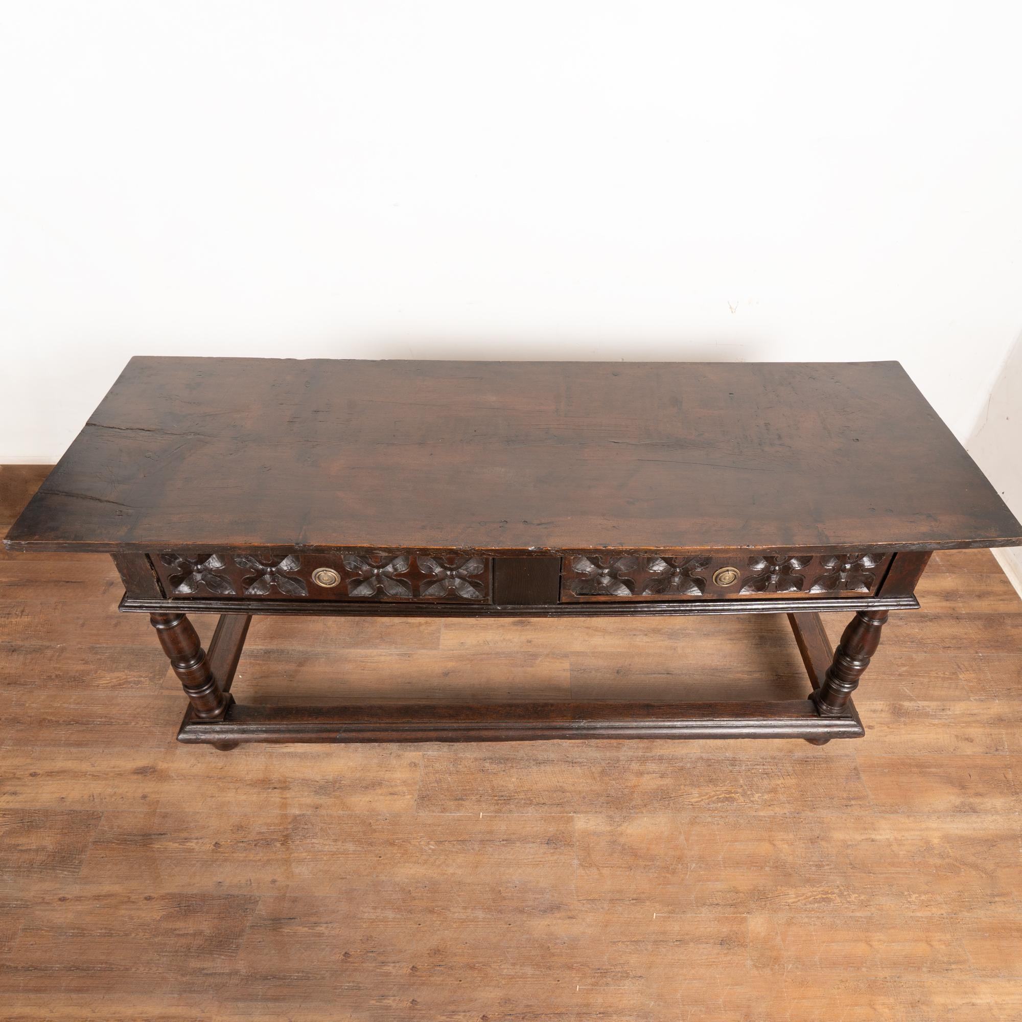 Late 18th Century Spanish Oak Console Table with Two Drawers In Distressed Condition For Sale In Round Top, TX