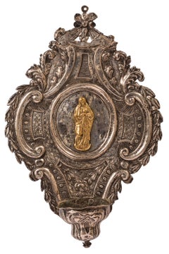 18th Century Spanish Silver Holy Water Font, Baroque Style with Gilt Virgin Mary