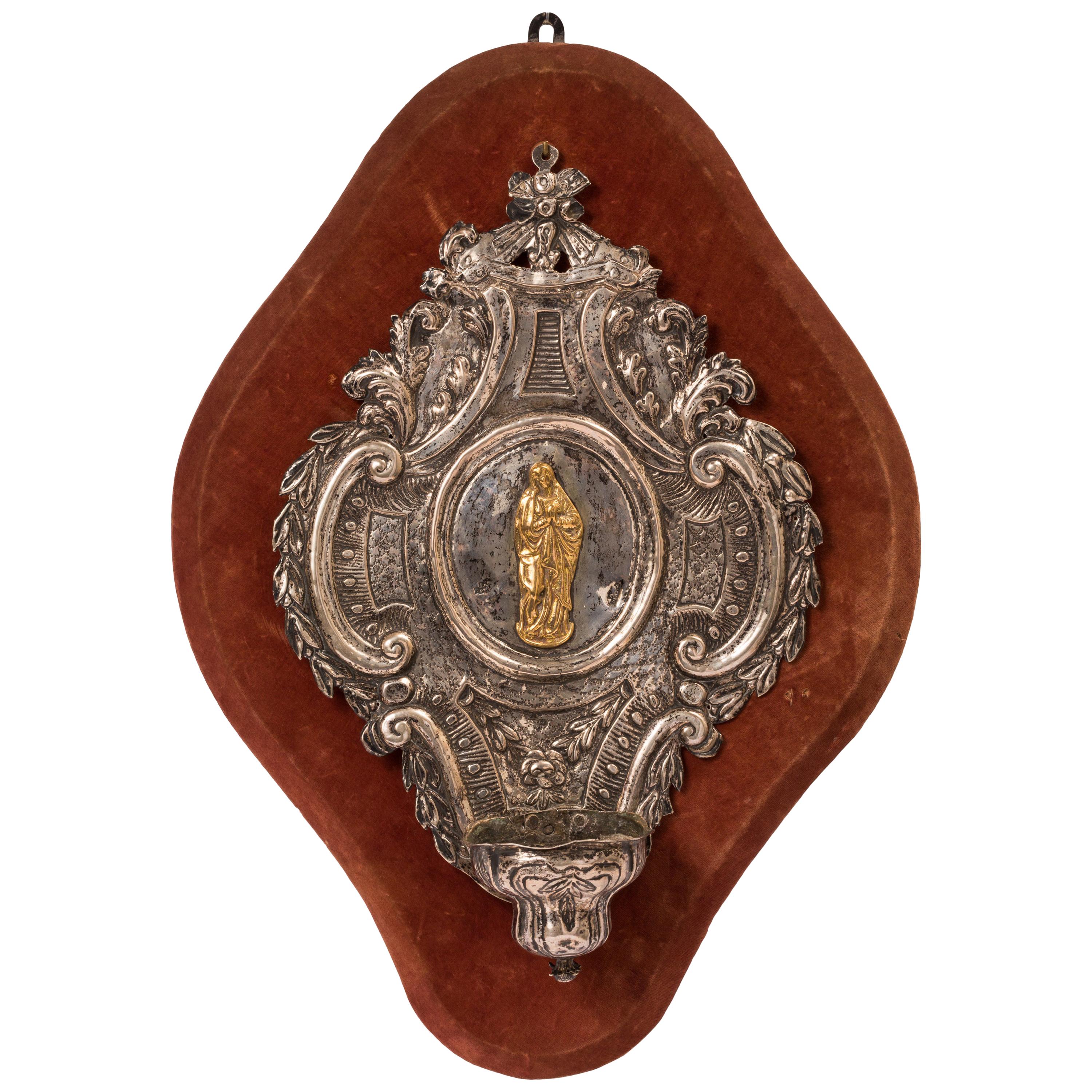 Late 18th Century Spanish Silver Baroque Holy Water Font with Gilt Virgin Mary