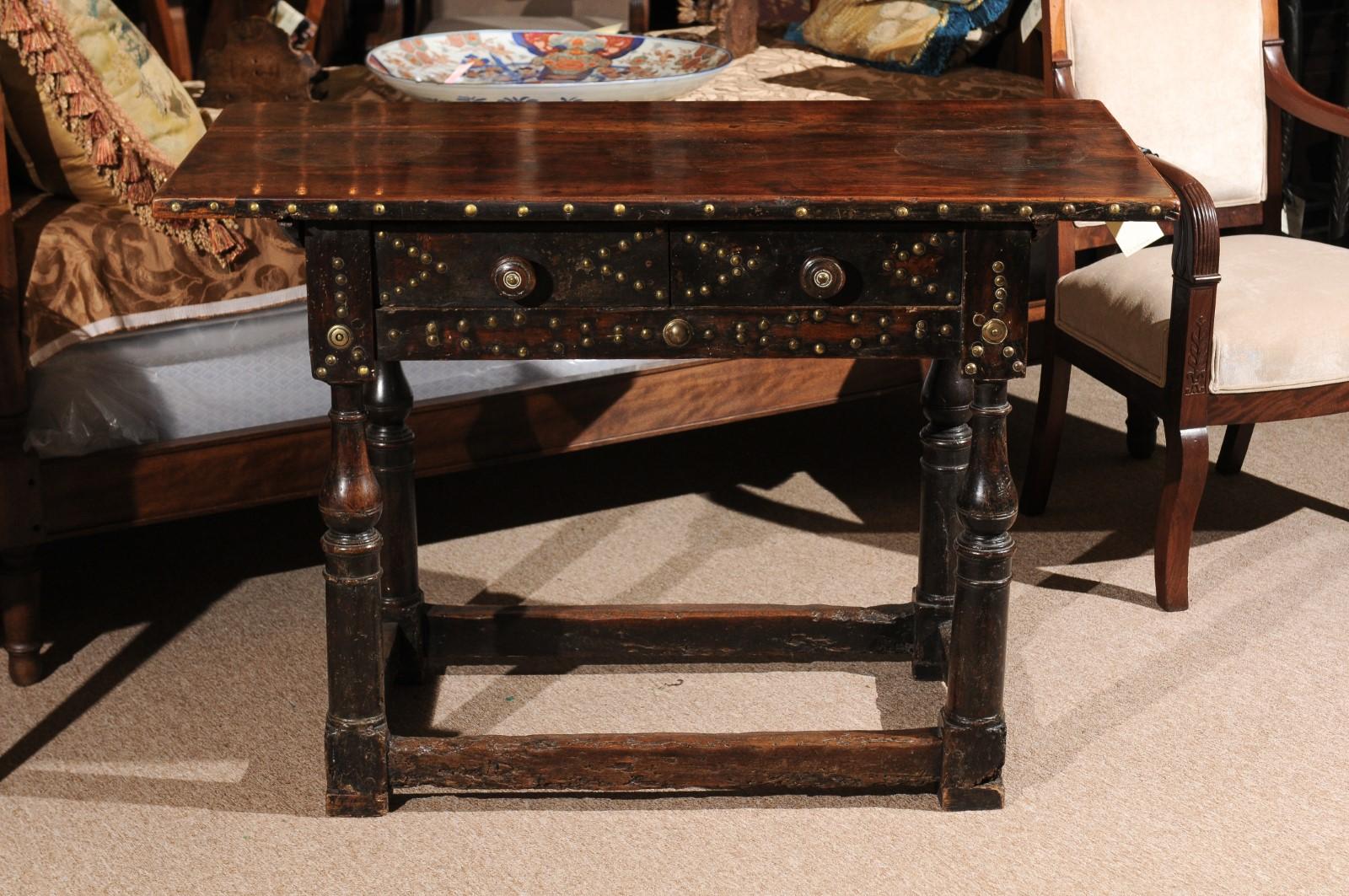 Late 18th Century Spanish Walnut Console Table with Brass Studs 3