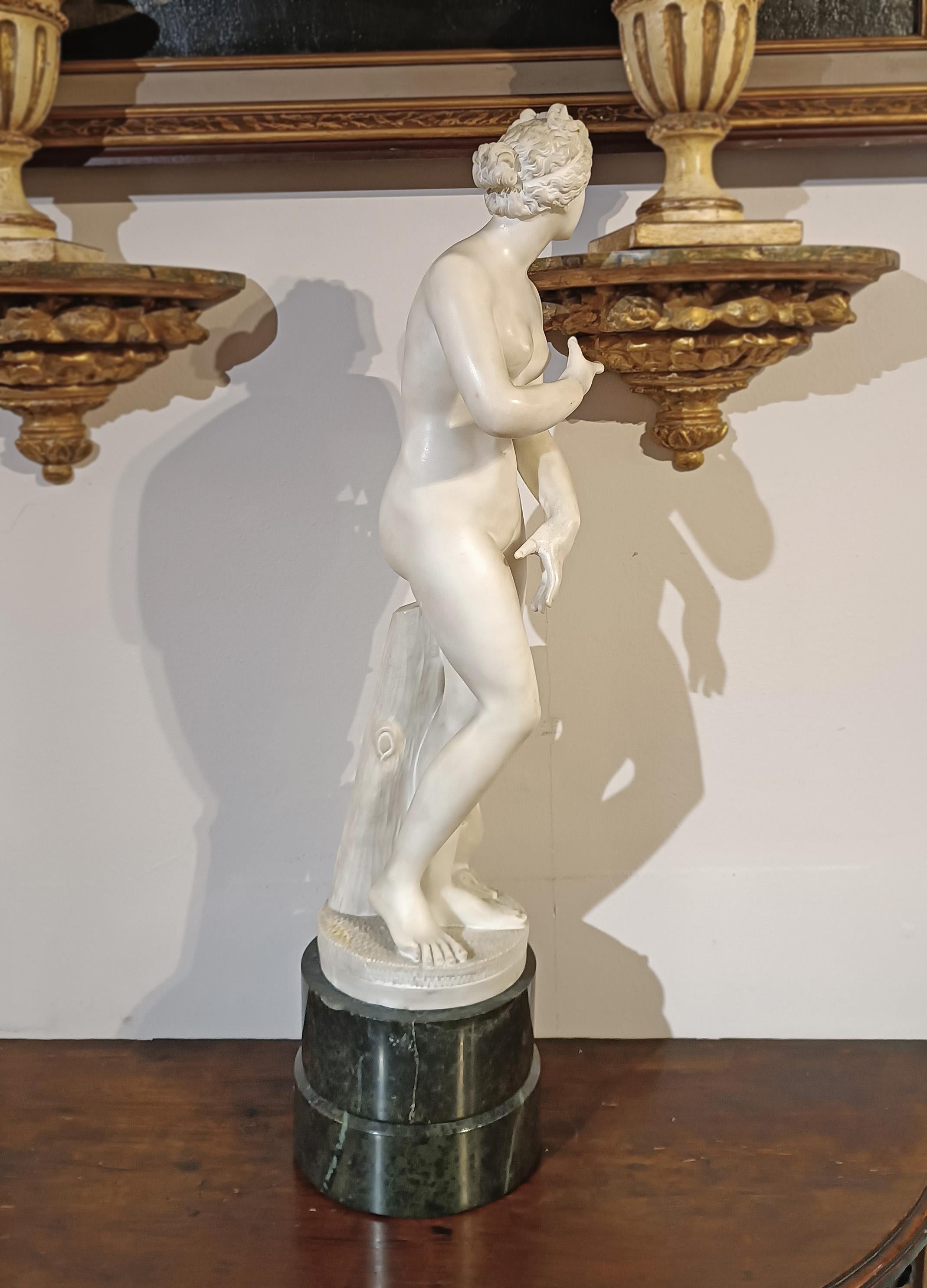 Una bellissima riproduzione in scala ridotta della Venere dei Medici, scolpita in marmo statuario bianco di Carrara con una base cilindrica in marmo verde di Prato. La statua si basa sulla famosa Venere dei Medici, oggi conservata agli Uffizi, che