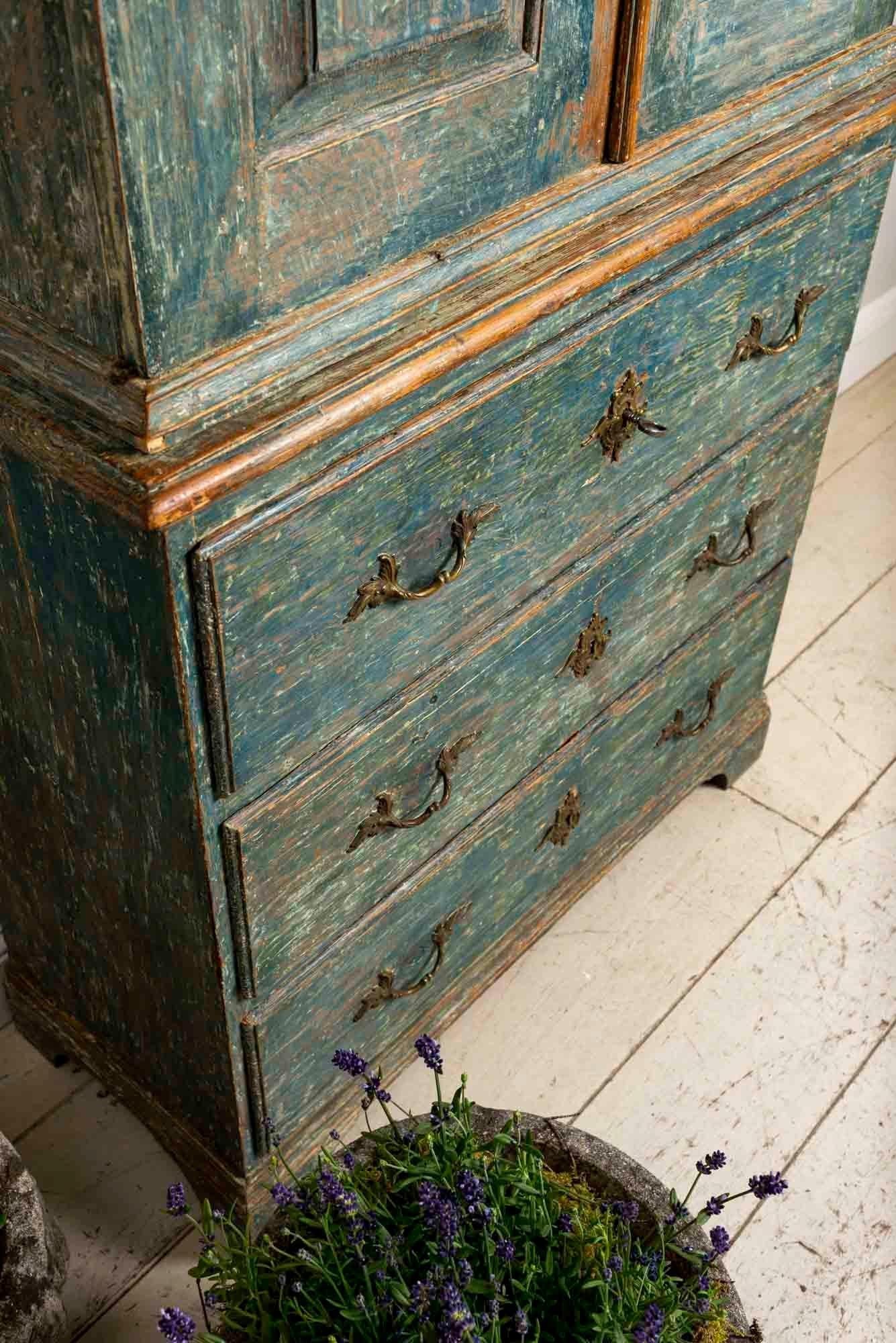 Late 18th Century Swedish Armoire Cupboard Original Turquoise Paint Brass Detail 2